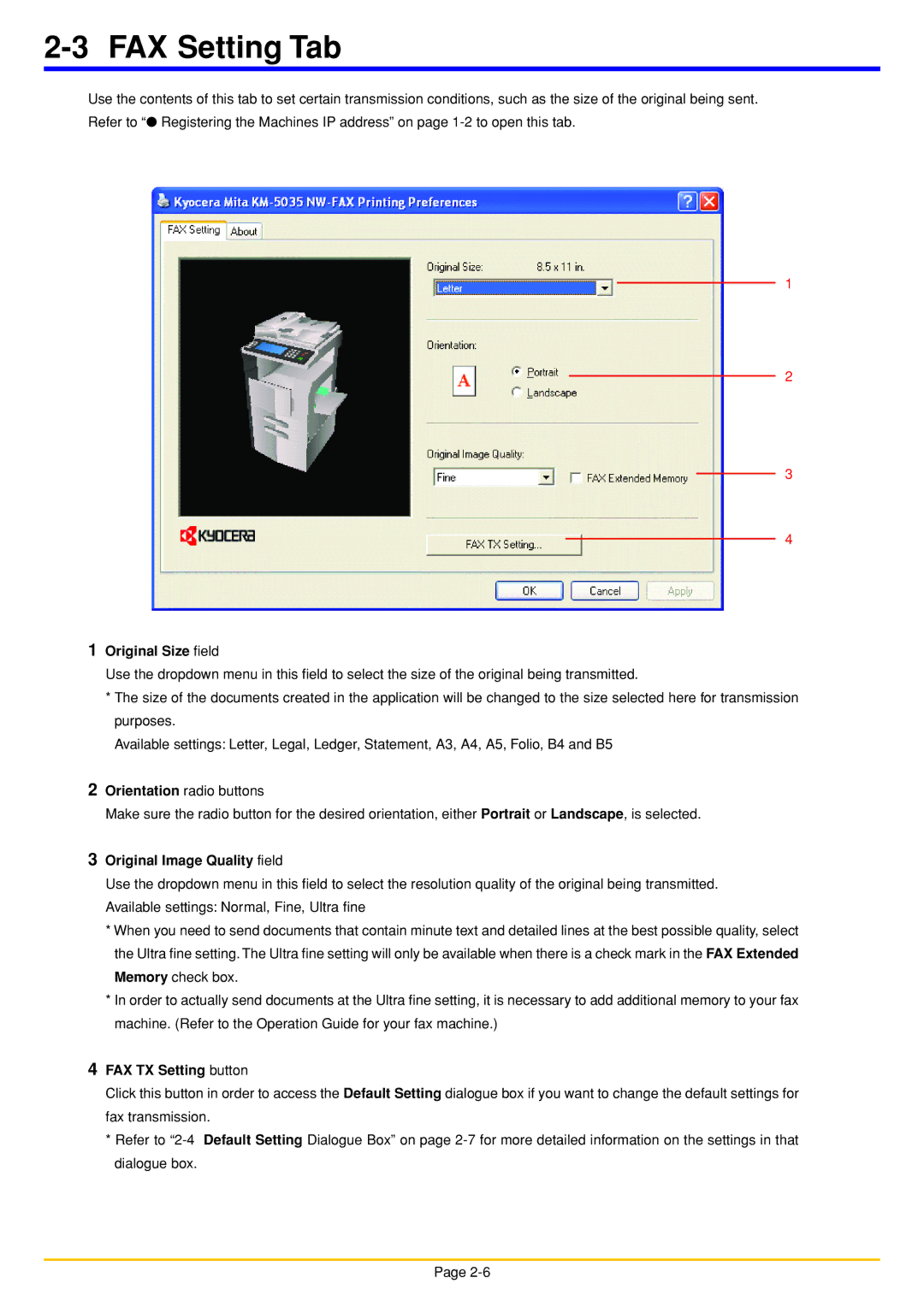 Oce North America OP1040, OP1050 FAX Setting Tab, Original Size field, Original Image Quality field, FAX TX Setting button 