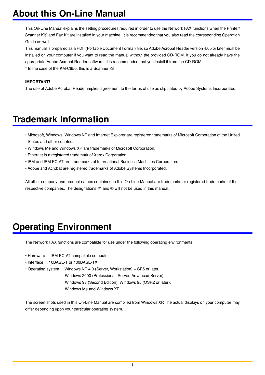 Oce North America OP1030, OP1050, OP1040 manual About this On-Line Manual, Trademark Information, Operating Environment 