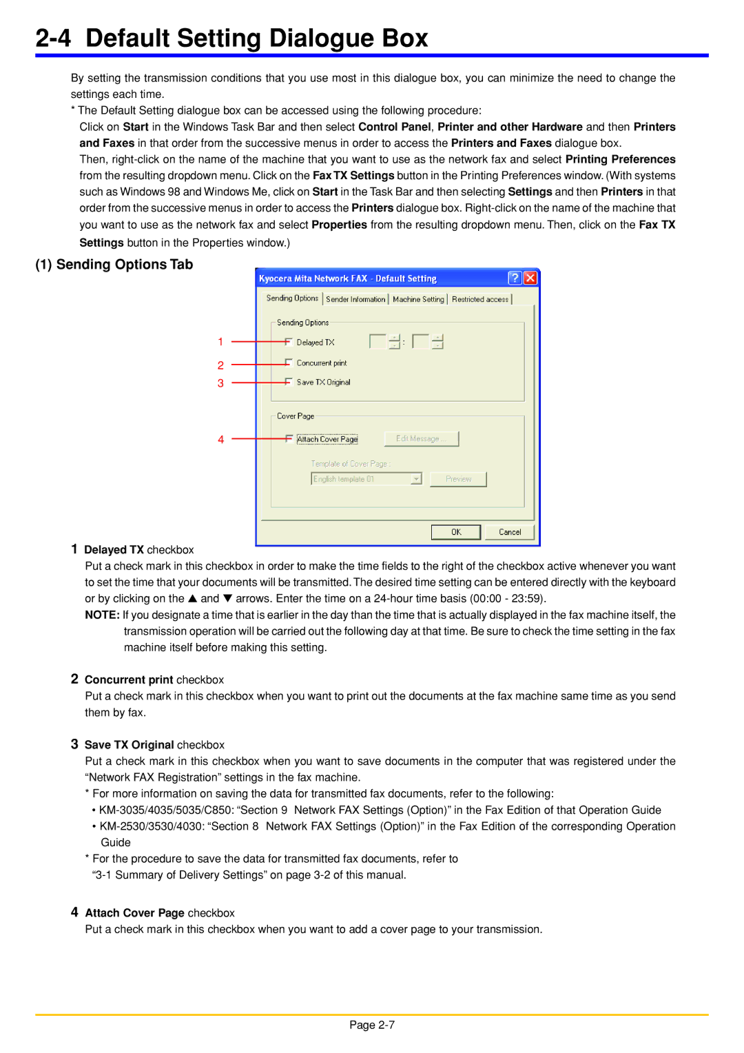 Oce North America OP1030, OP1050, OP1040 manual Default Setting Dialogue Box, Sending Options Tab 