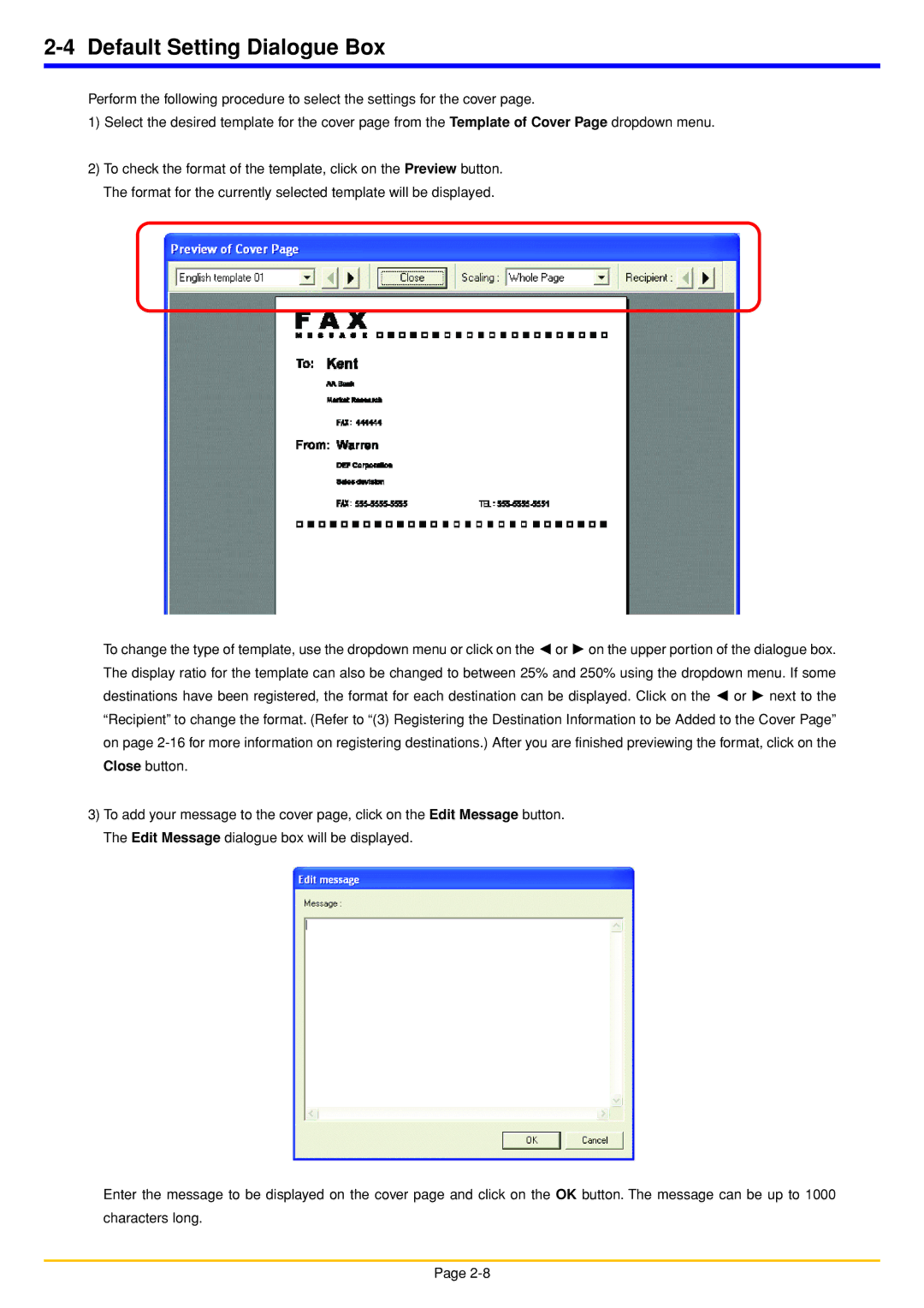 Oce North America OP1050, OP1040, OP1030 manual Default Setting Dialogue Box 