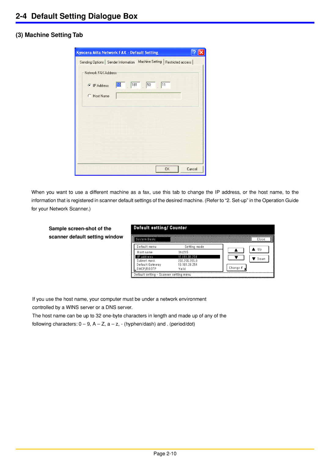 Oce North America OP1030, OP1050, OP1040 manual Machine Setting Tab, Sample screen-shot Scanner default setting window 