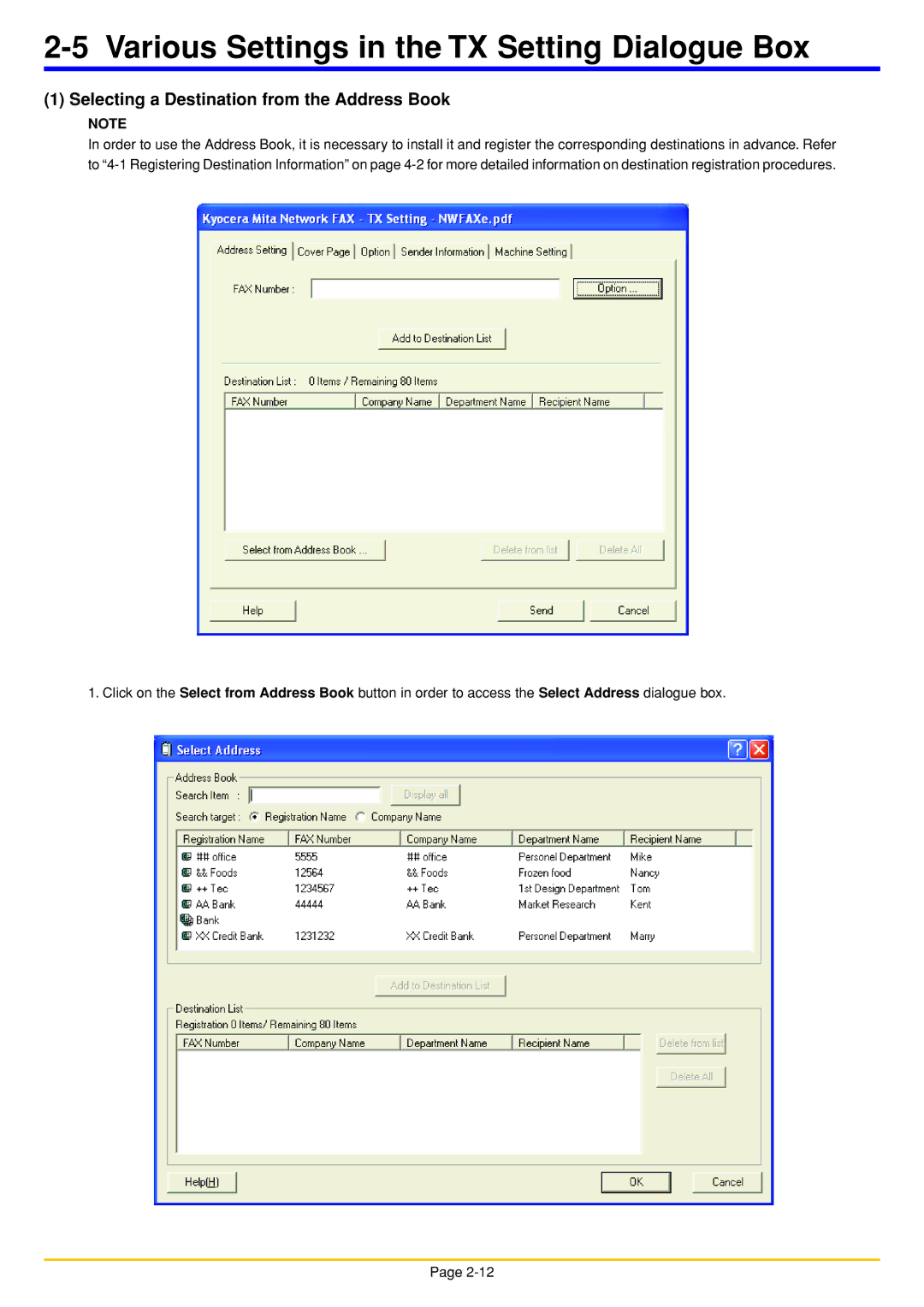 Oce North America OP1040 Various Settings in the TX Setting Dialogue Box, Selecting a Destination from the Address Book 