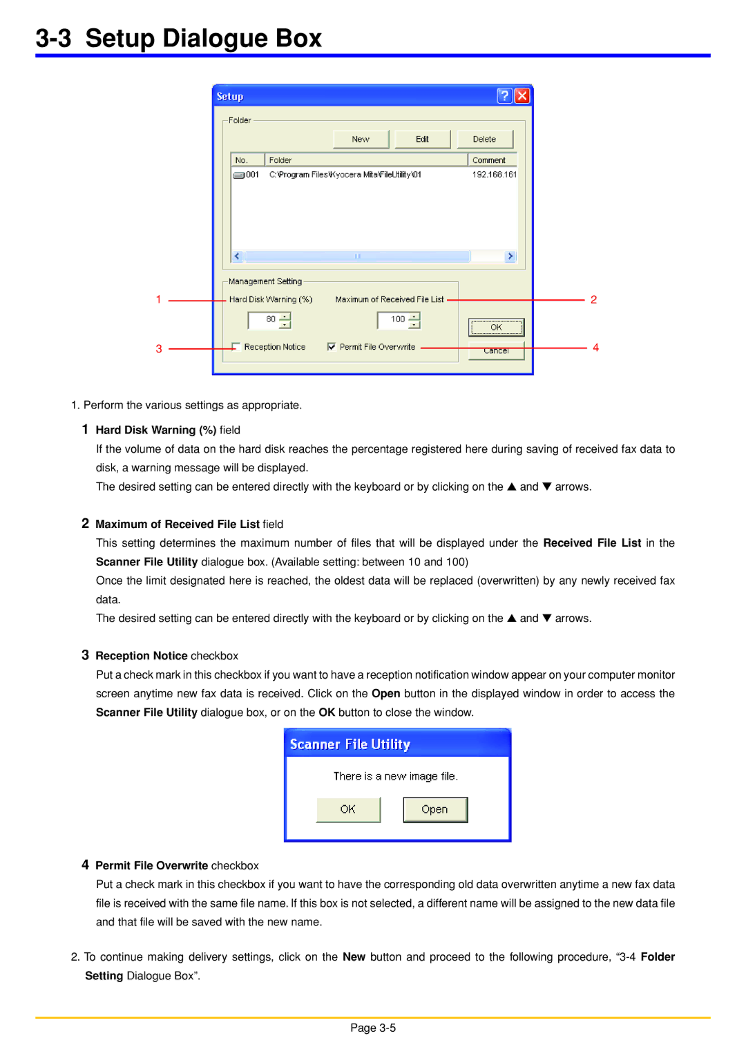 Oce North America OP1050, OP1040, OP1030 Setup Dialogue Box, Hard Disk Warning % field, Maximum of Received File List field 