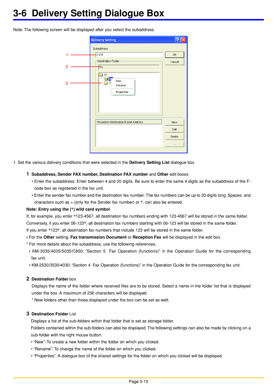 Oce North America OP1030, OP1050, OP1040 Delivery Setting Dialogue Box, Destination Folder box, Destination Folder List 