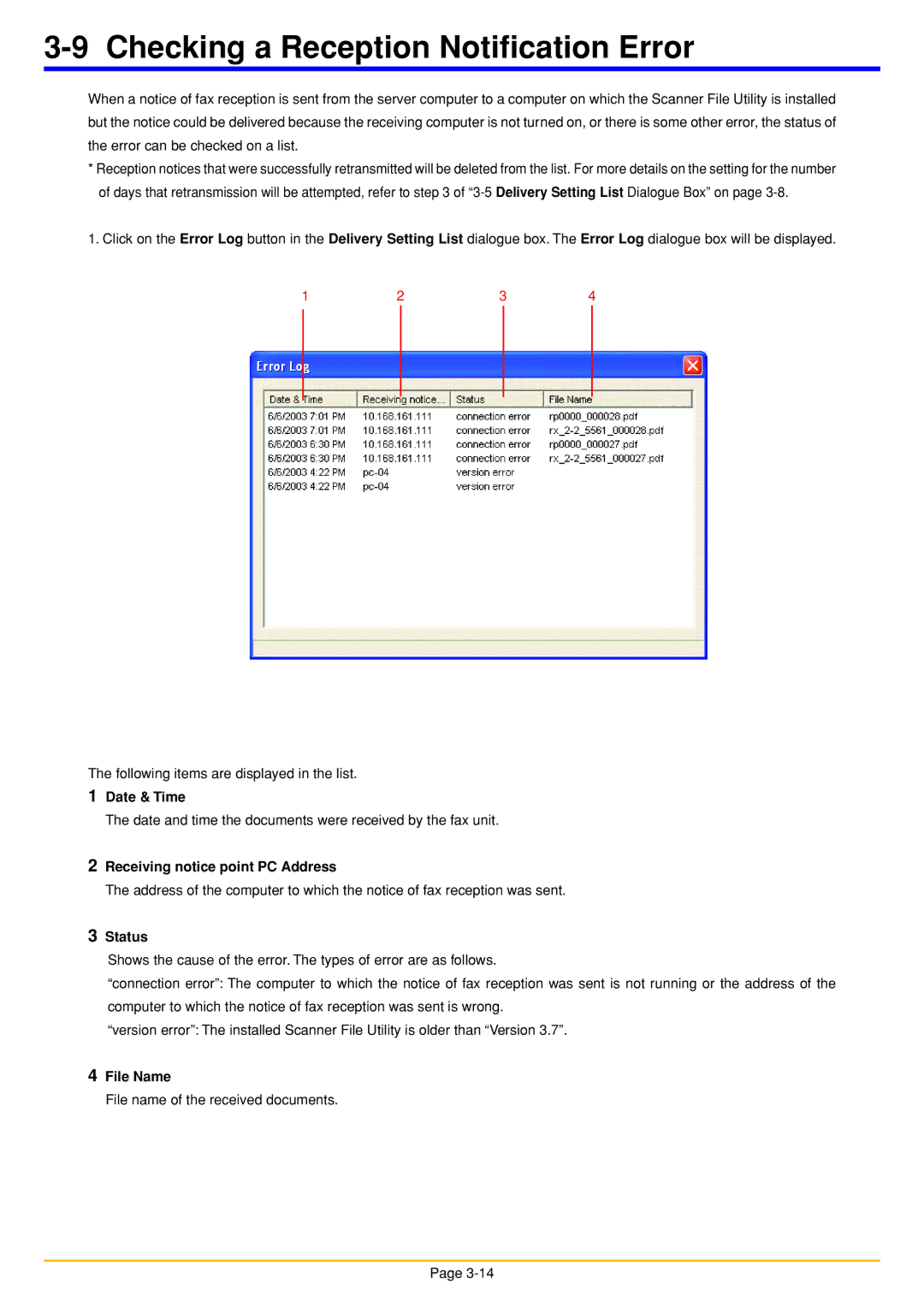 Oce North America OP1050 Checking a Reception Notification Error, Date & Time, Receiving notice point PC Address, Status 