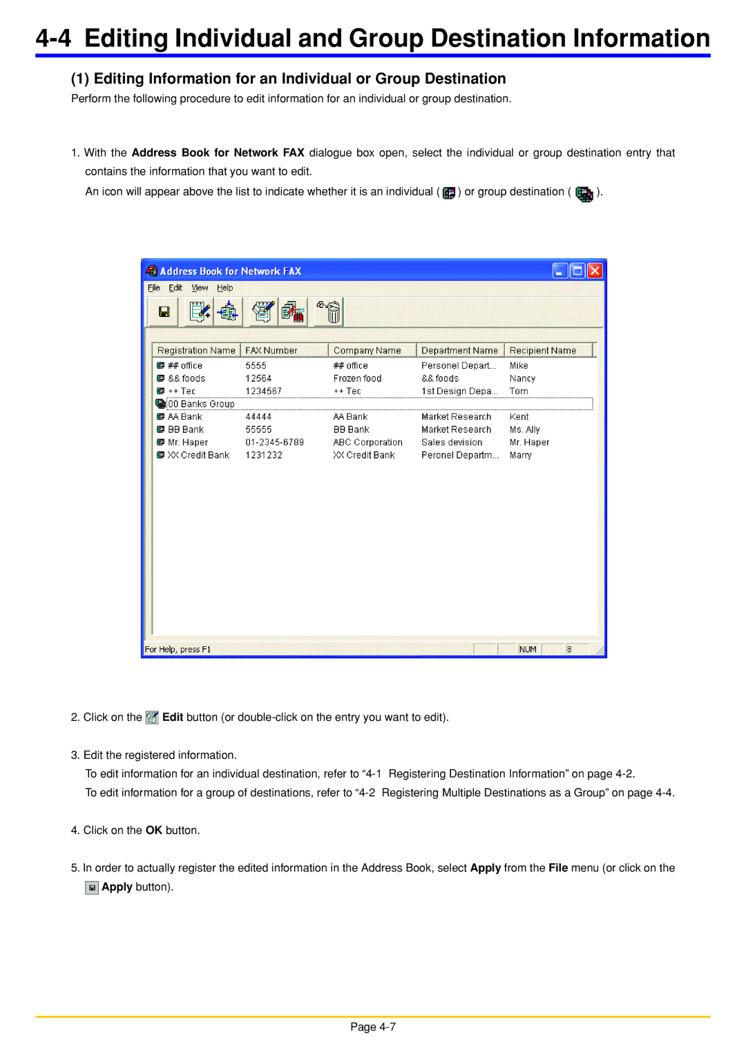 Oce North America OP1050, OP1040, OP1030 manual Editing Individual and Group Destination Information 