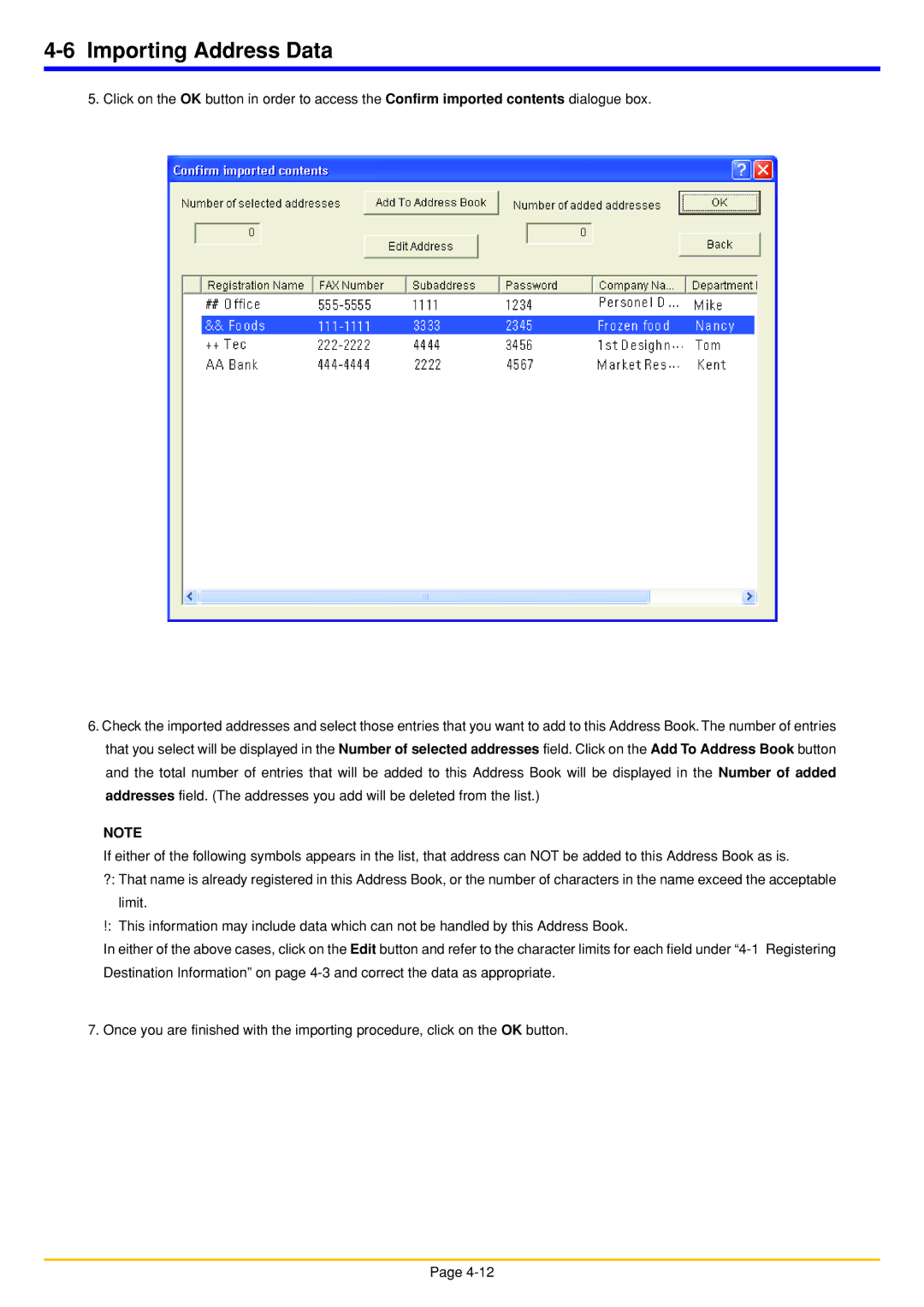 Oce North America OP1030, OP1050, OP1040 manual Importing Address Data 