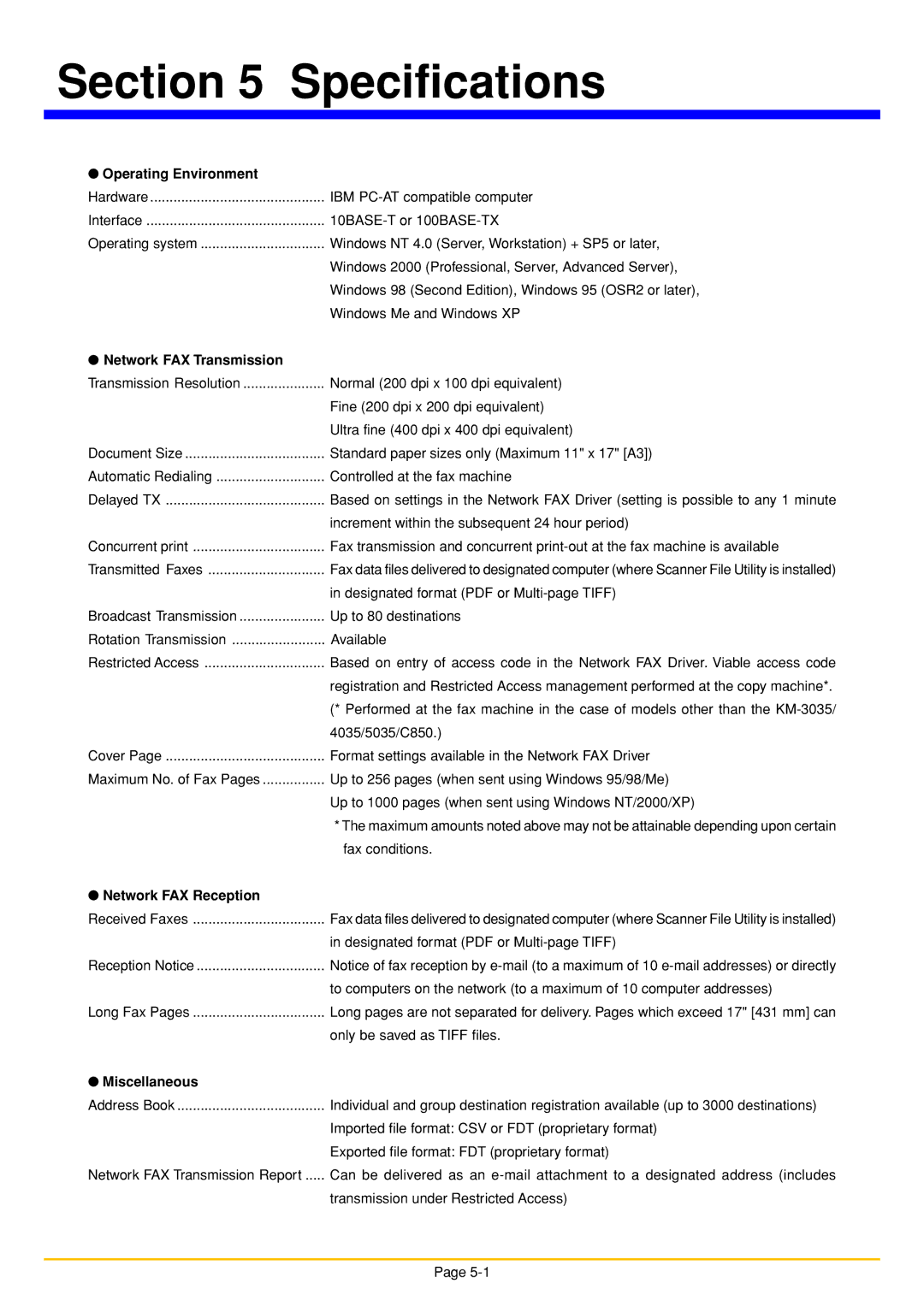 Oce North America OP1040, OP1050 Operating Environment, Network FAX Transmission, Network FAX Reception, Miscellaneous 