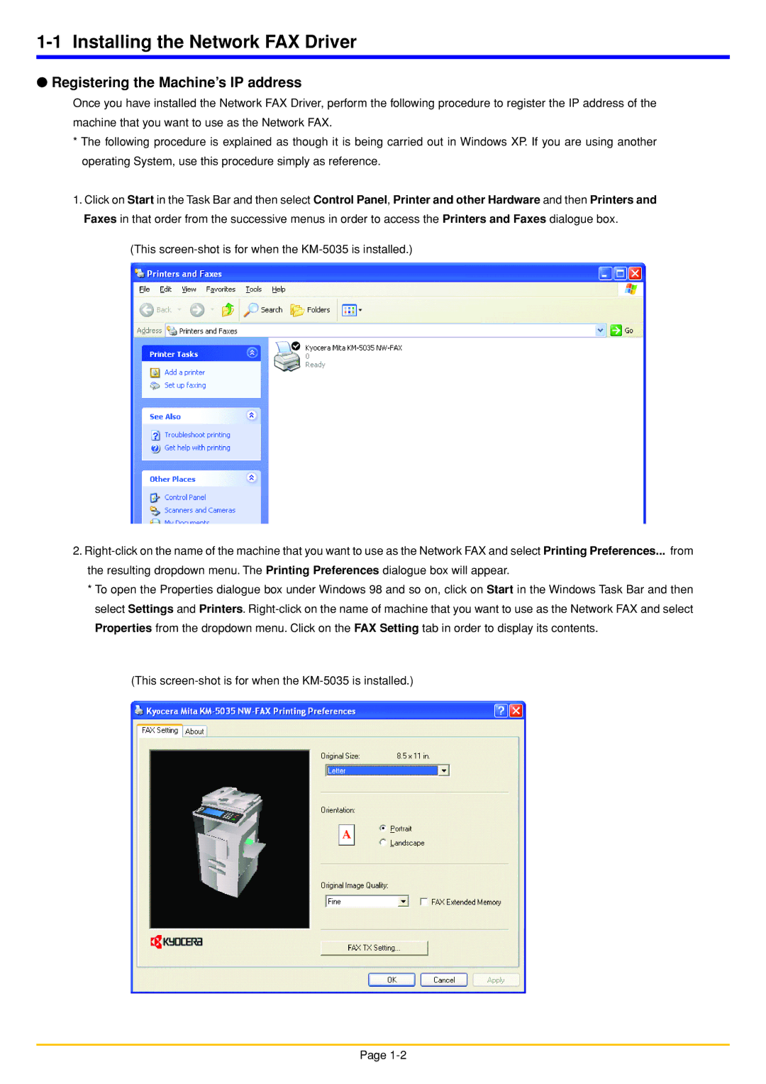 Oce North America OP1050, OP1040, OP1030 manual Installing the Network FAX Driver, Registering the Machine’s IP address 