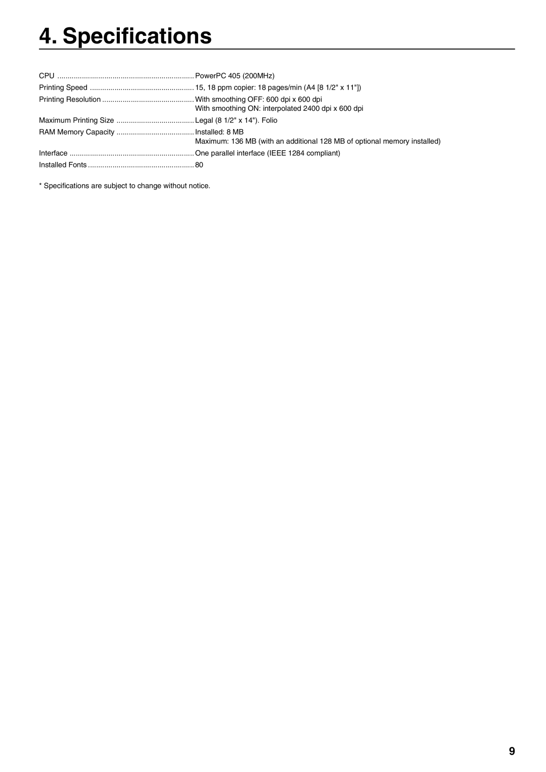 Oce North America OP14 manual Specifications, Cpu 