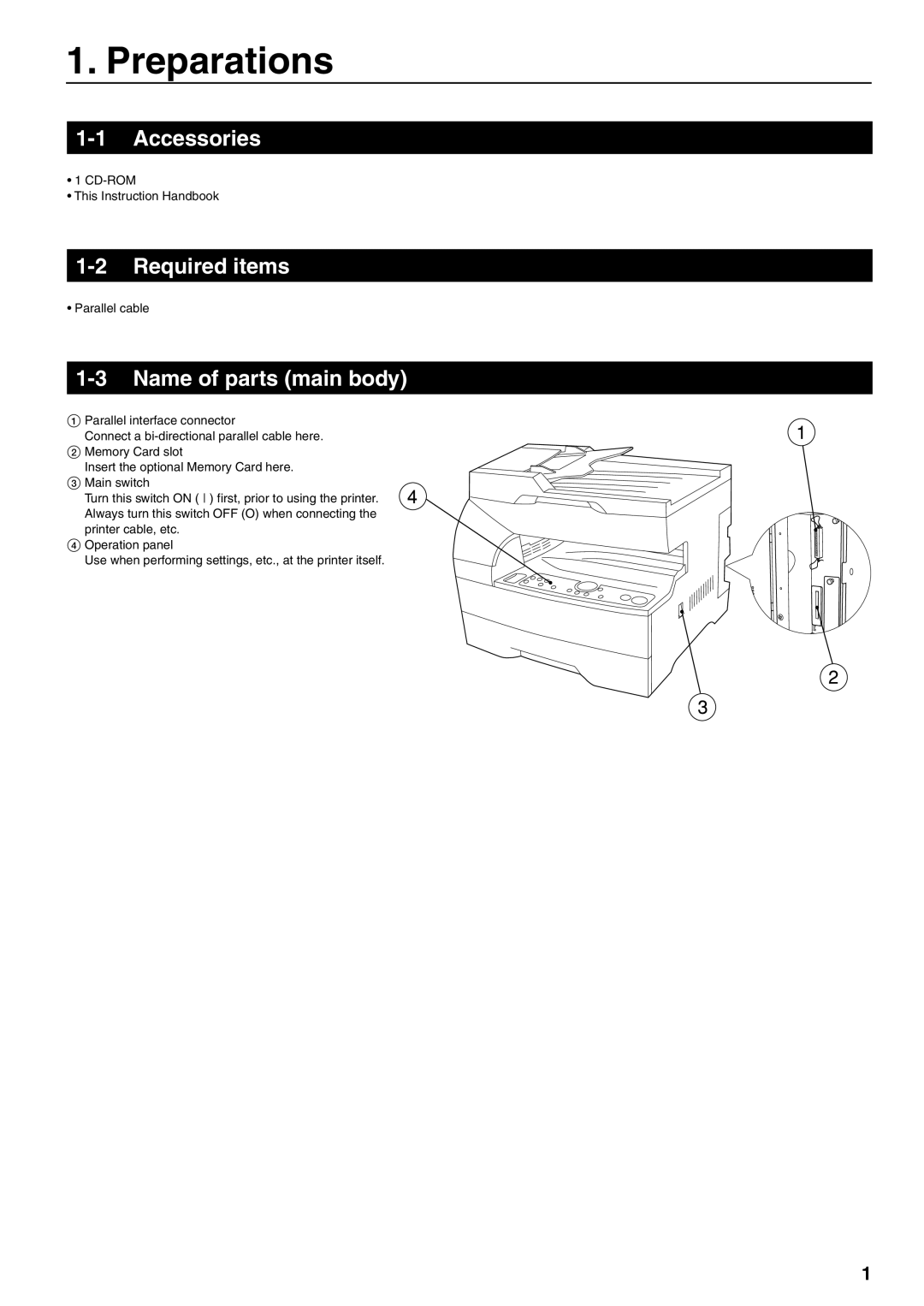 Oce North America OP14 manual Preparations, Accessories, Required items, Name of parts main body 