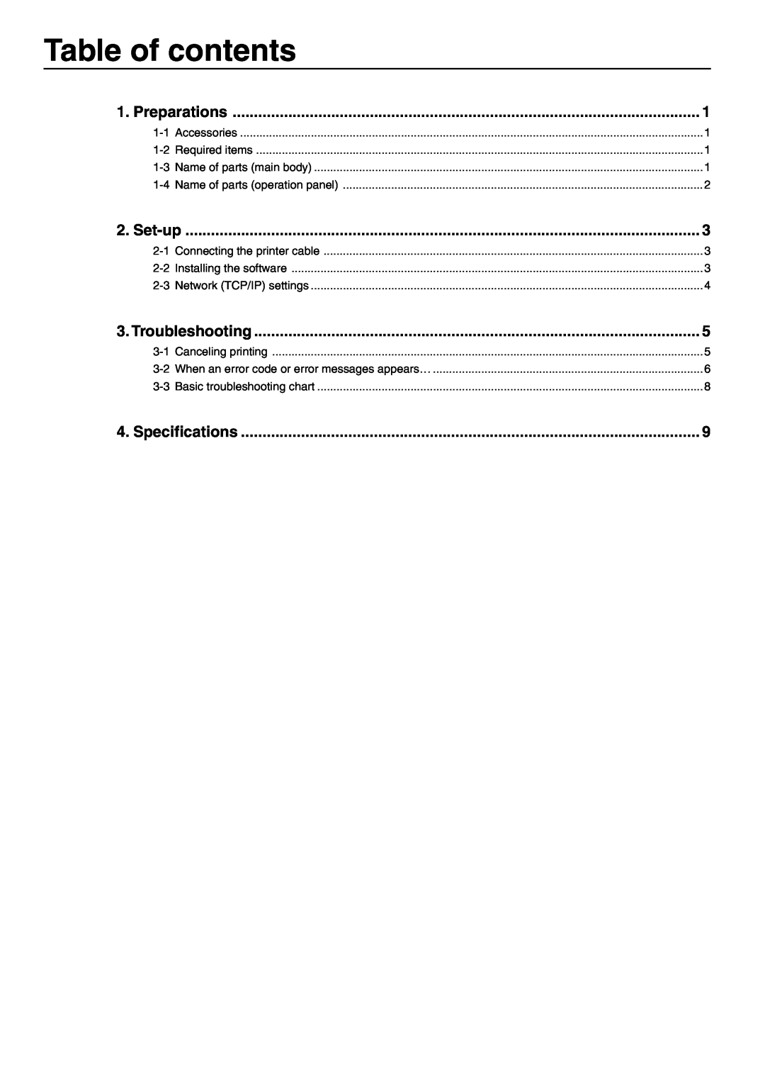 Oce North America OP14 manual Table of contents, Preparations, Set-up, Troubleshooting, Specifications 