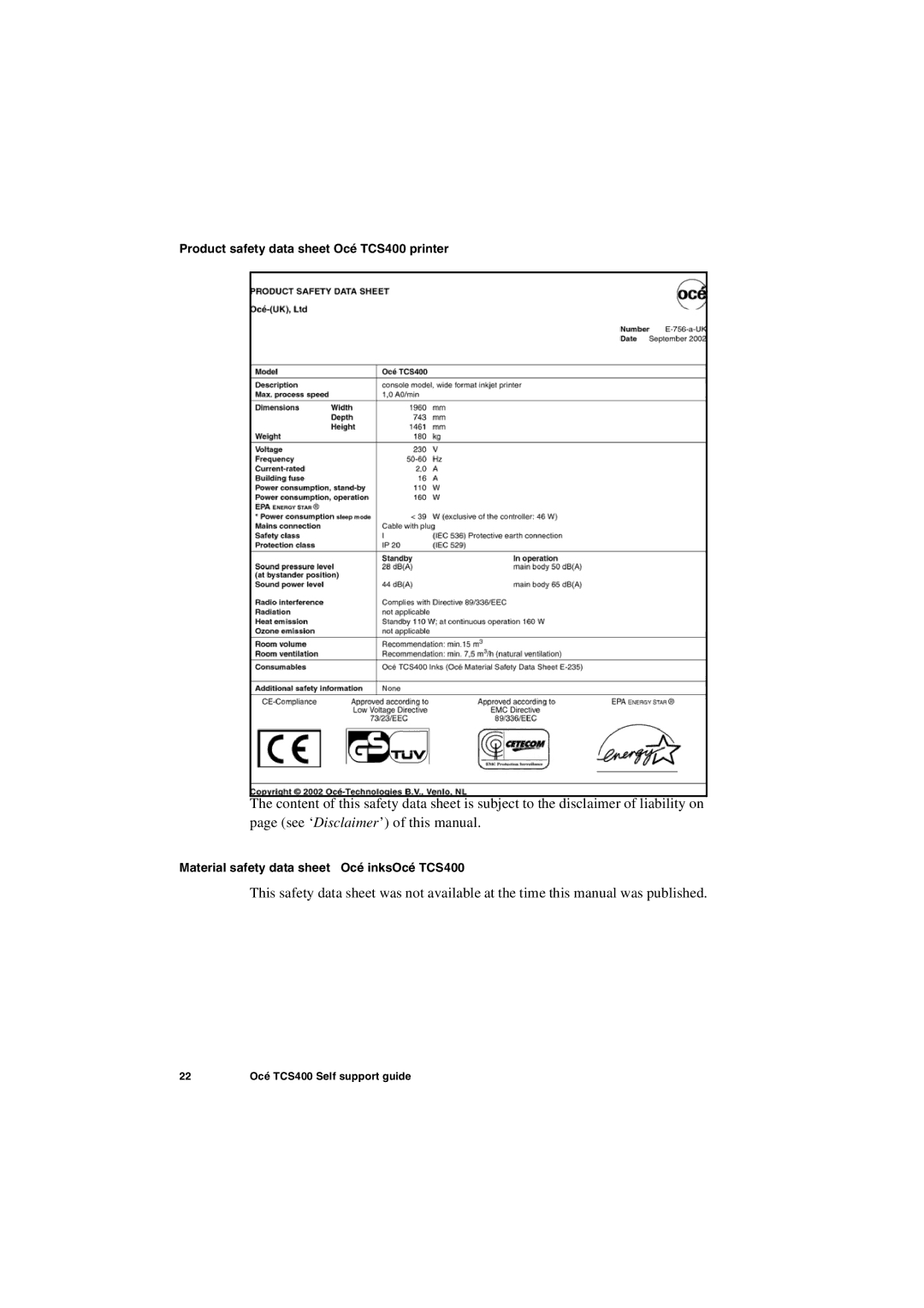 Oce North America manual Product safety data sheet Océ TCS400 printer 