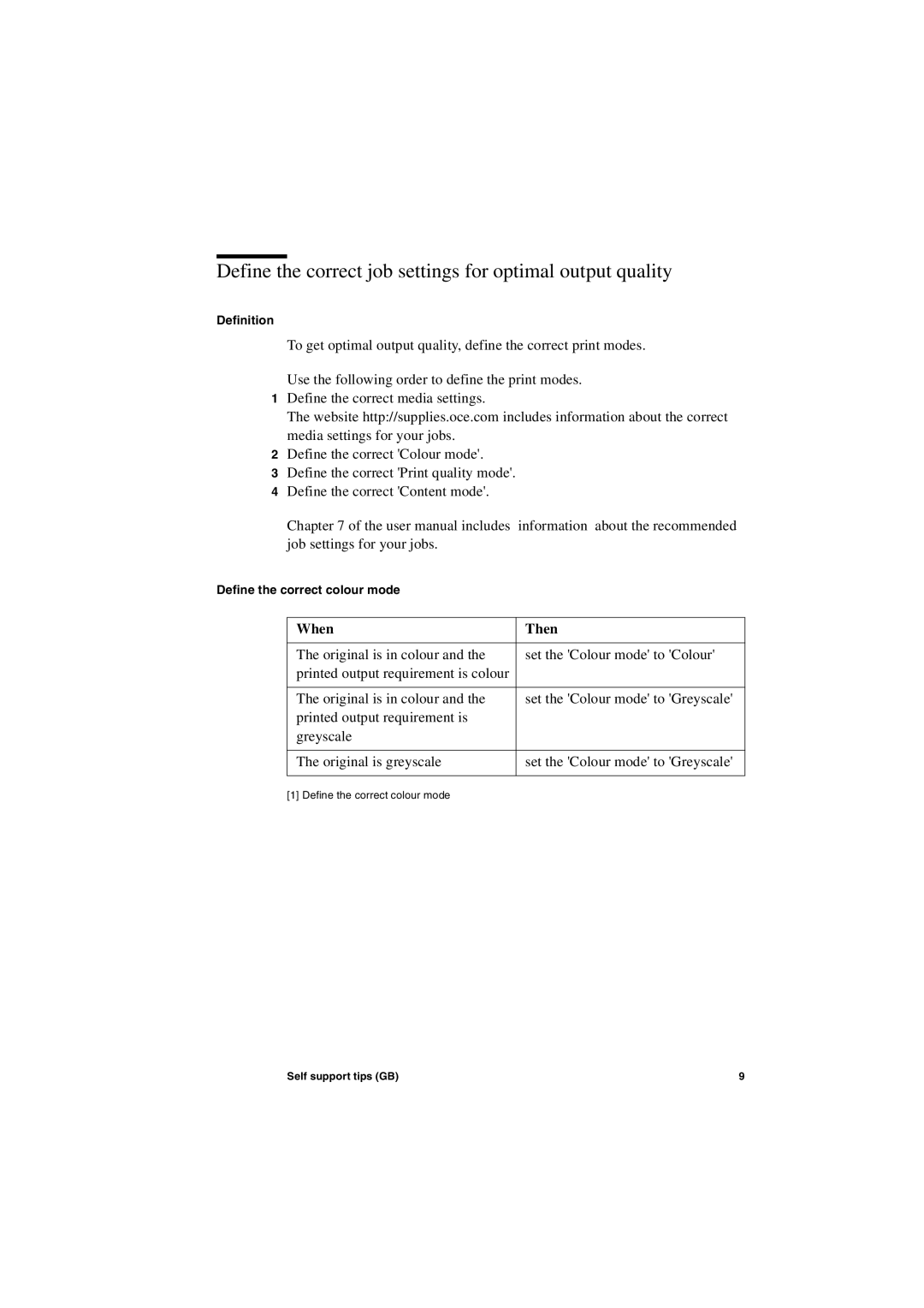 Oce North America TCS400 manual Define the correct job settings for optimal output quality, When Then 