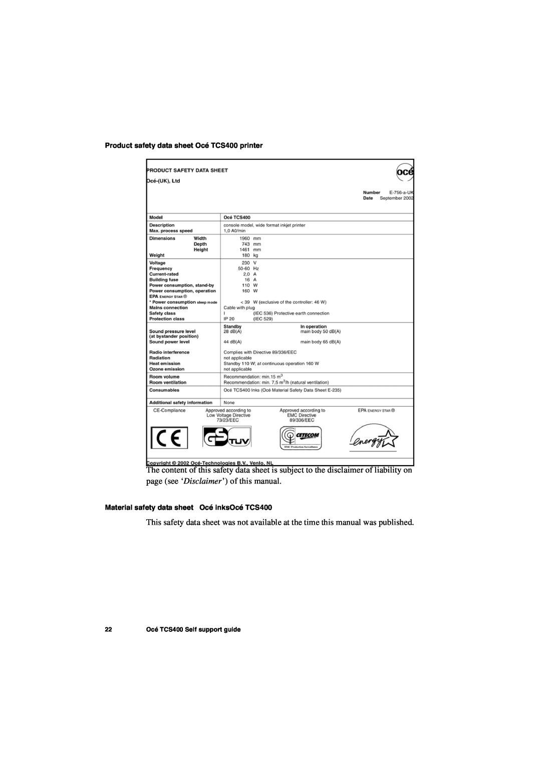 Oce North America manual Product safety data sheet Océ TCS400 printer, Material safety data sheet Océ inksOcé TCS400 