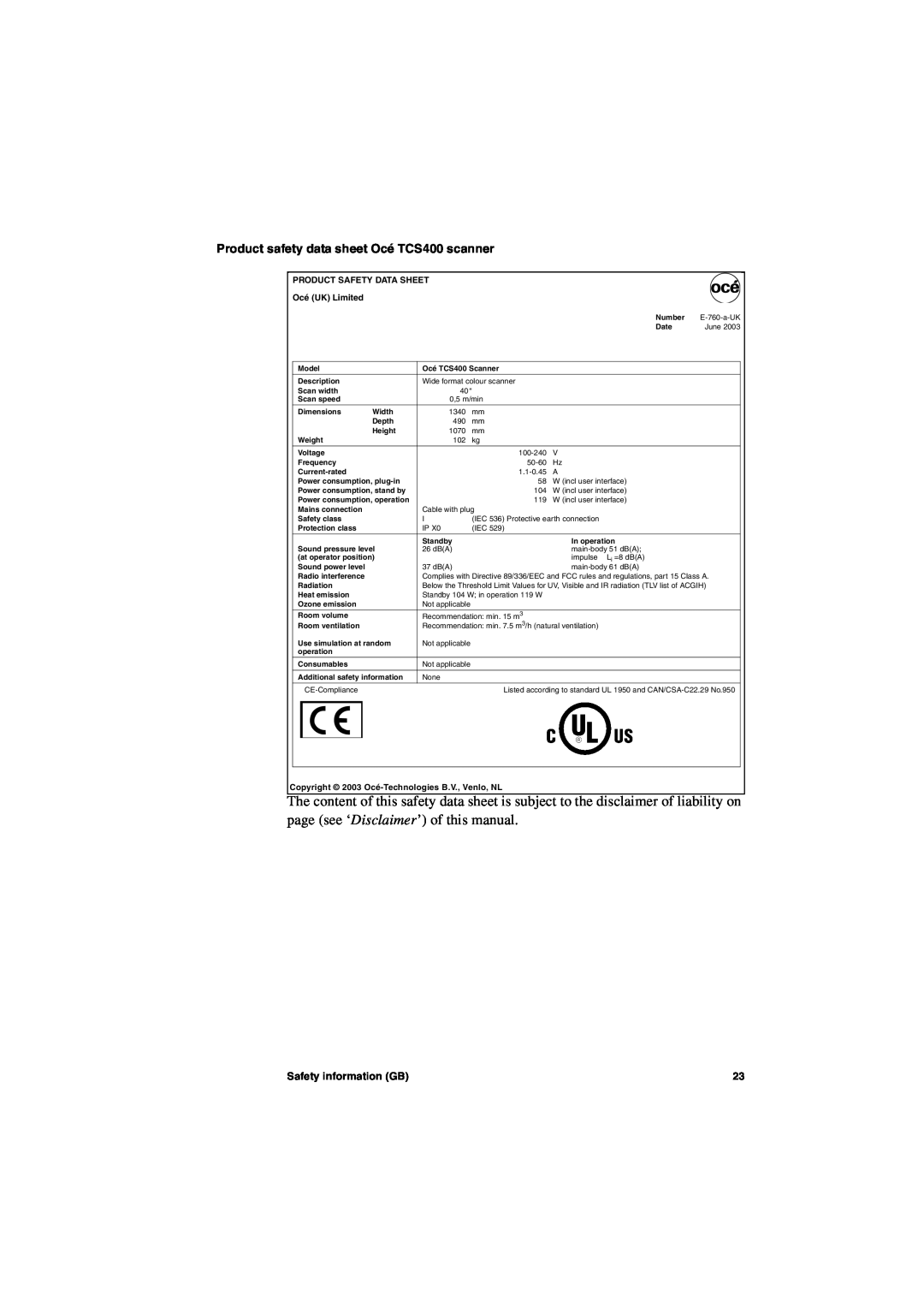Oce North America manual Product safety data sheet Océ TCS400 scanner, Safety information GB 