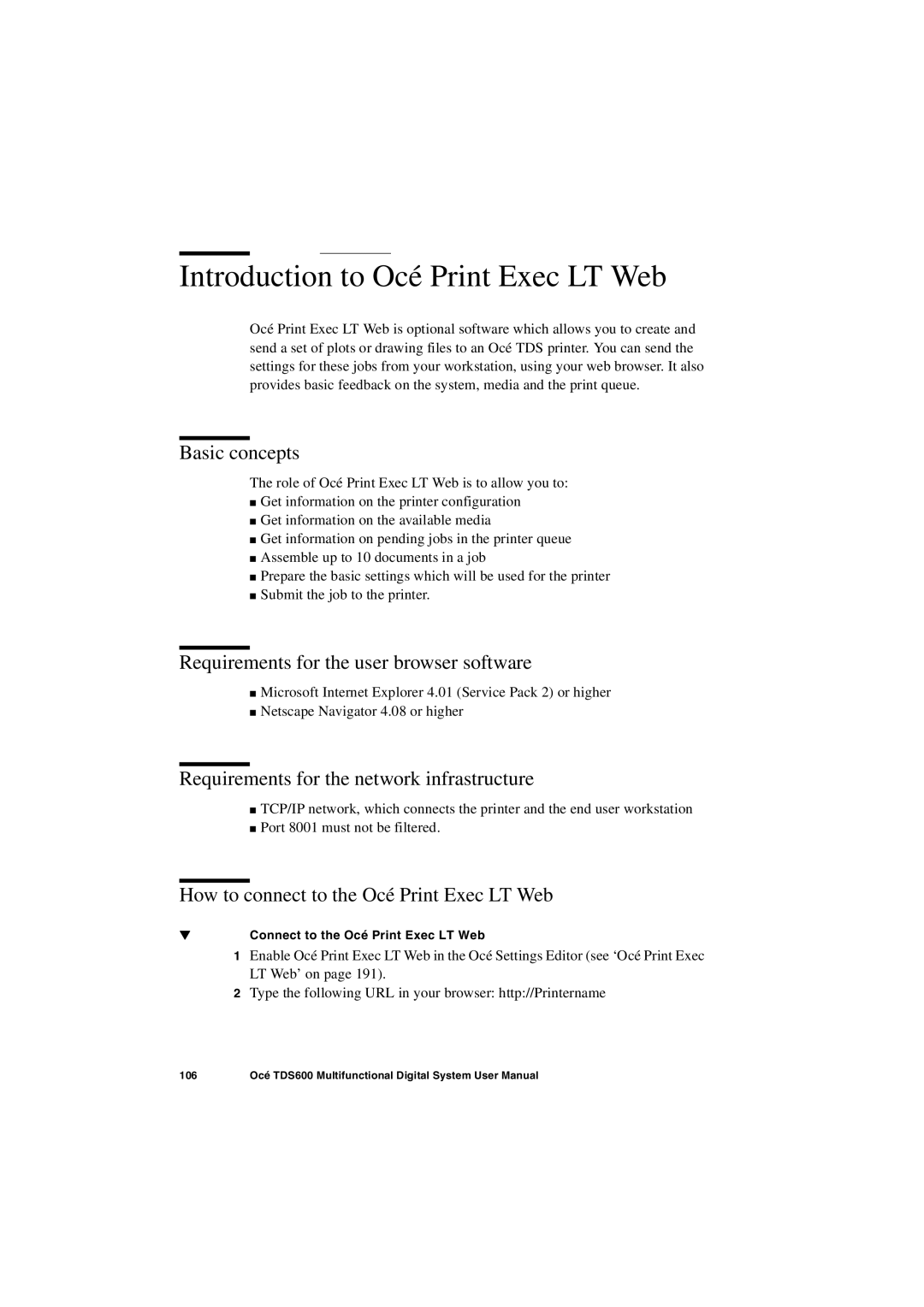 Oce North America TDS600 Introduction to Océ Print Exec LT Web, Basic concepts, Requirements for the user browser software 