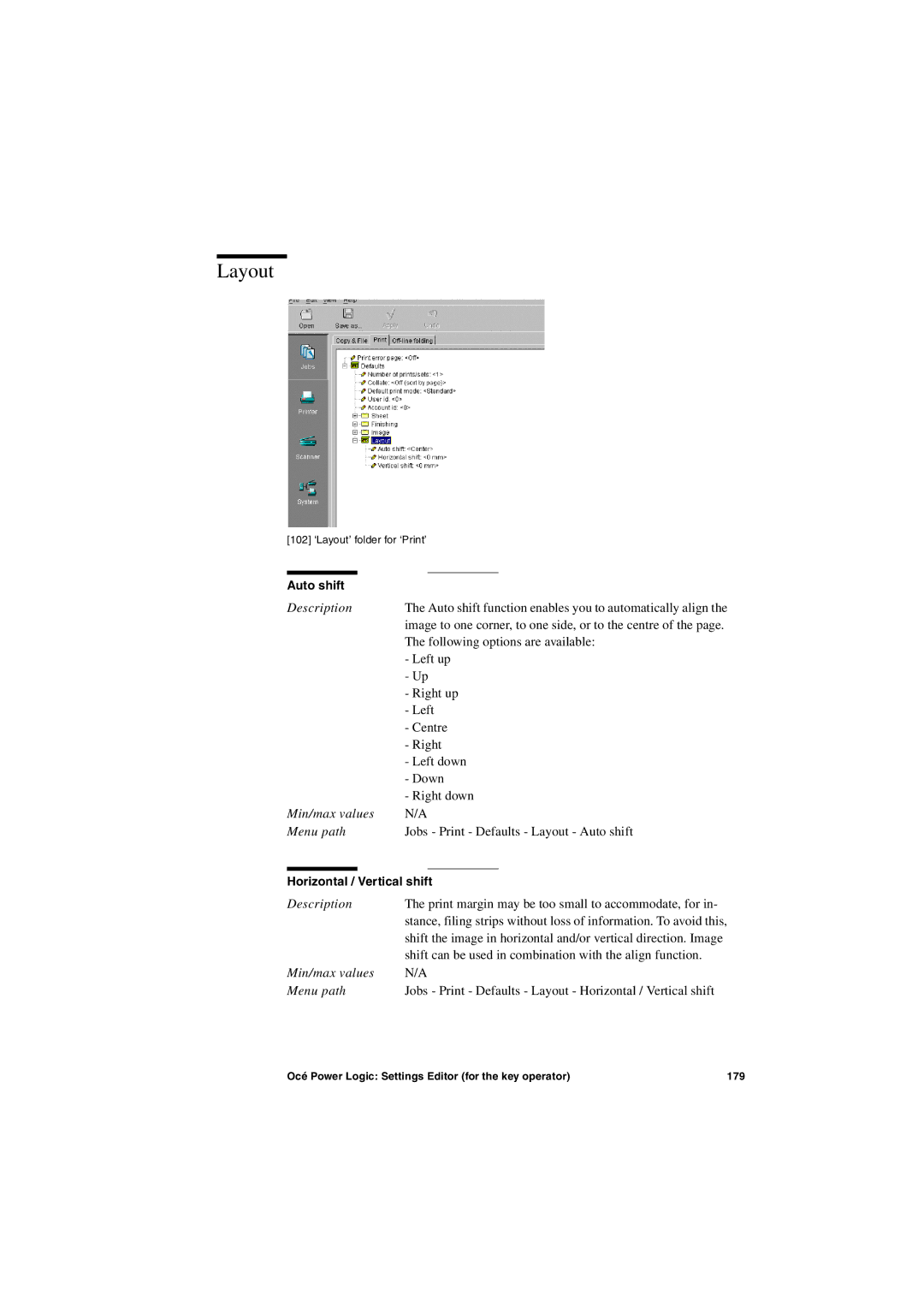 Oce North America TDS600 user manual Layout, Auto shift, Horizontal / Vertical shift 