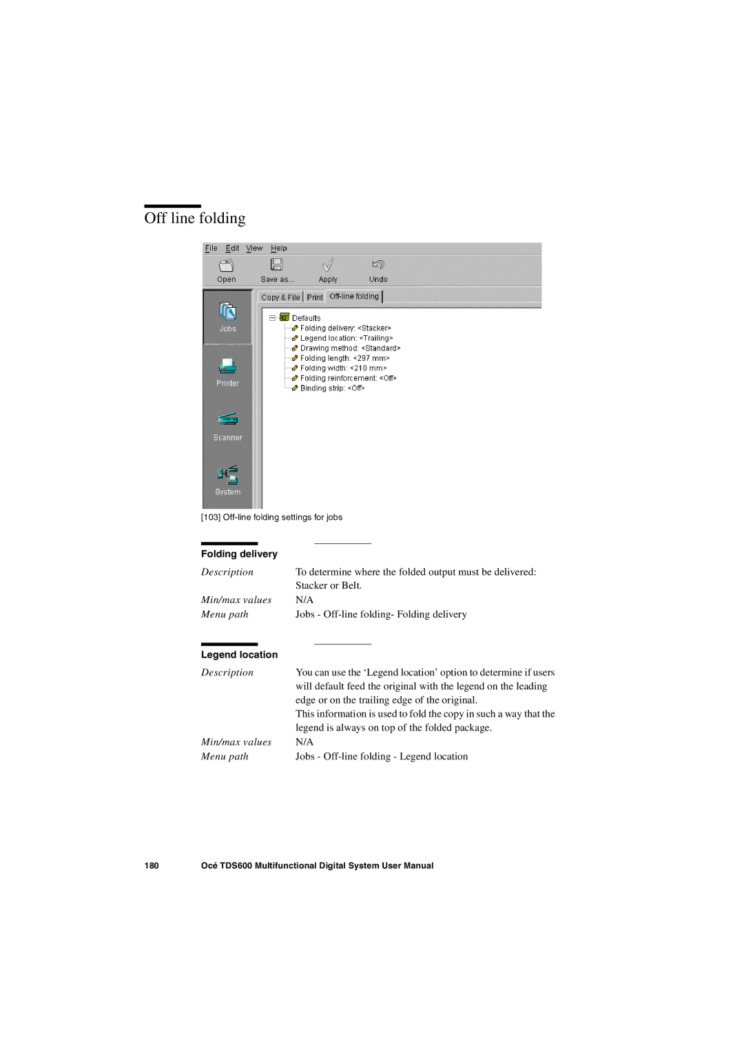 Oce North America TDS600 user manual Off line folding, Folding delivery 