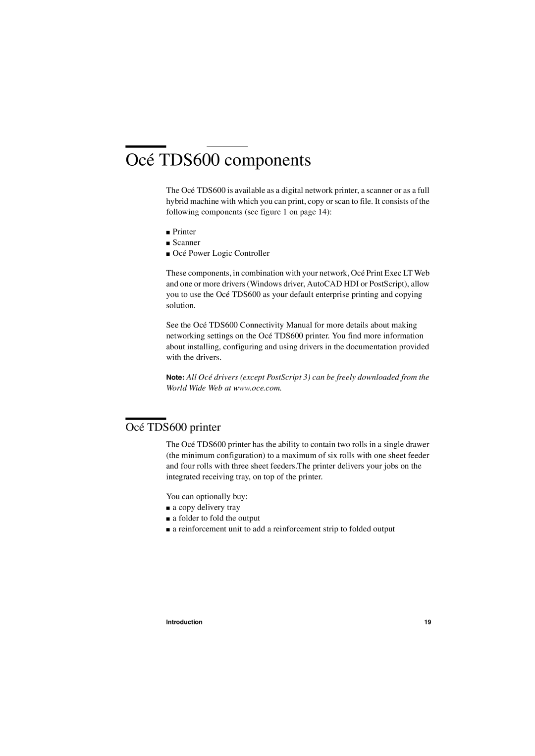 Oce North America user manual Océ TDS600 components, Océ TDS600 printer 