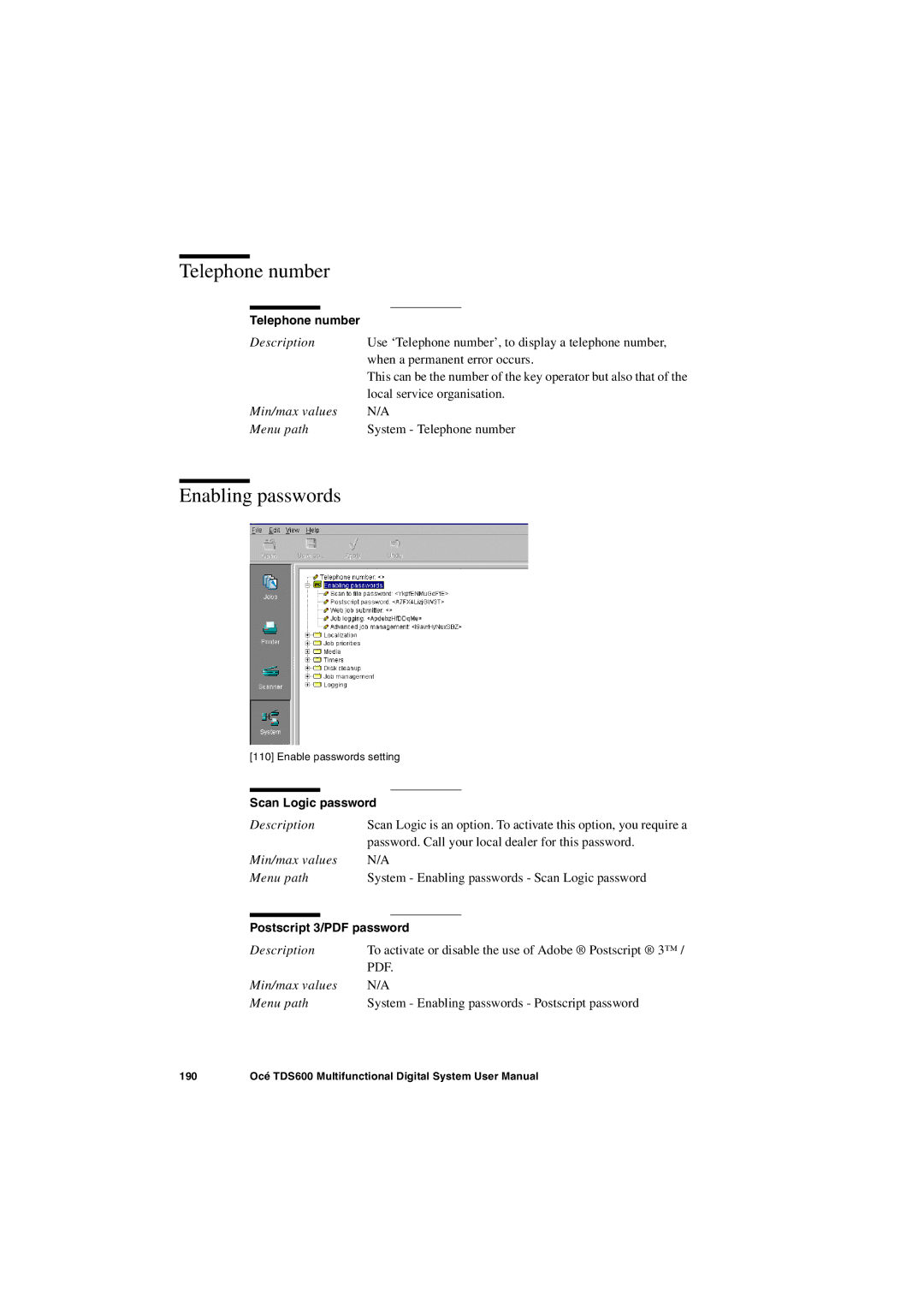 Oce North America TDS600 user manual Telephone number, Enabling passwords, Scan Logic password 