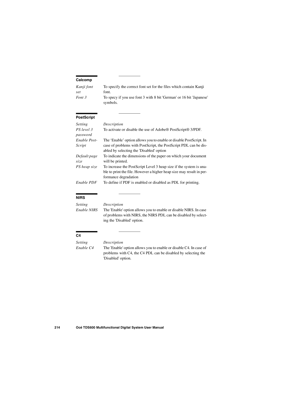 Oce North America TDS600 user manual Calcomp, PostScript 