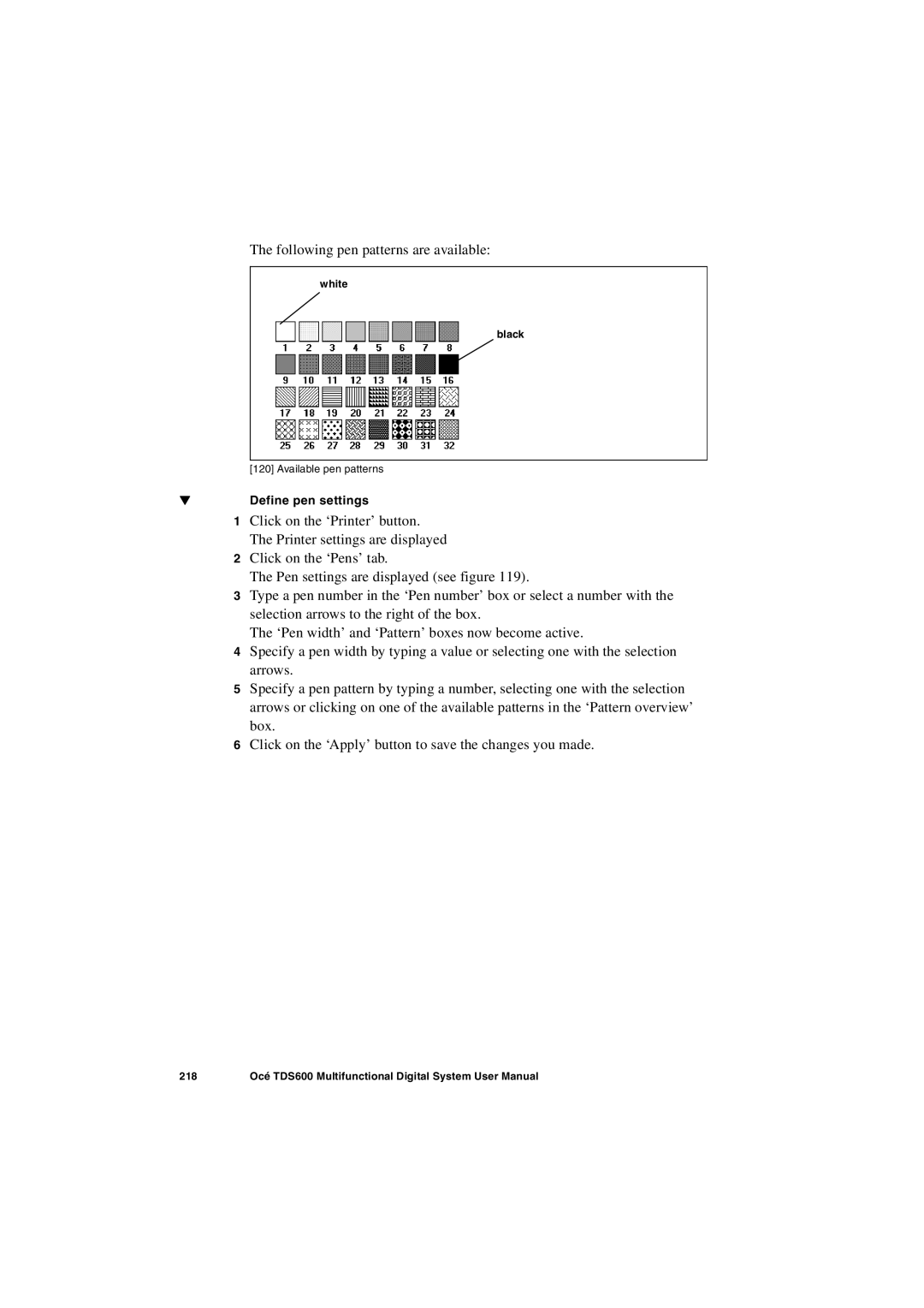 Oce North America TDS600 user manual Define pen settings 