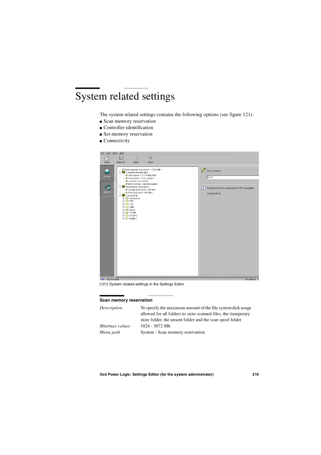 Oce North America TDS600 user manual System related settings, Scan memory reservation 