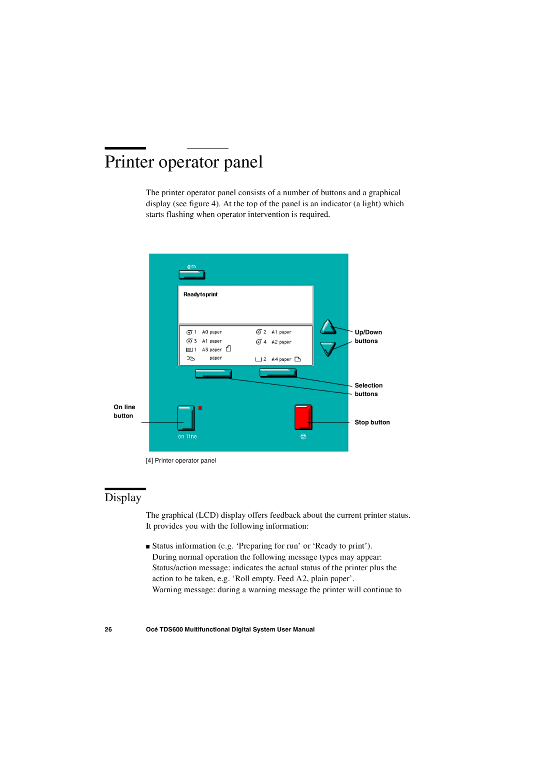 Oce North America TDS600 user manual Printer operator panel, Display 