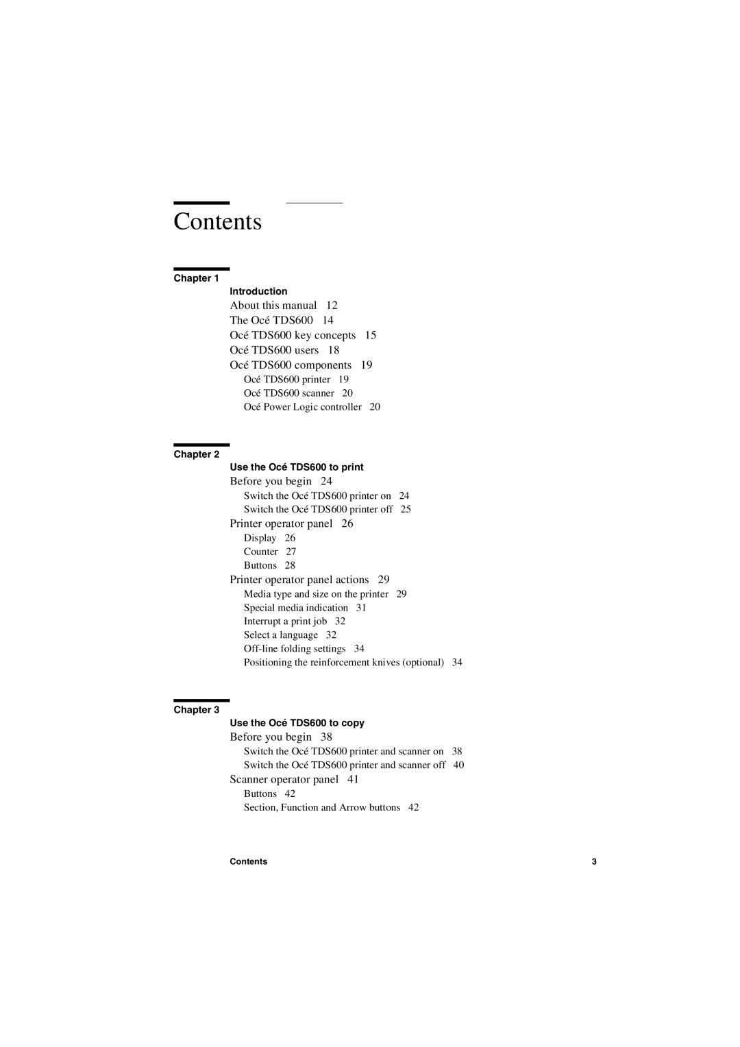 Oce North America TDS600 user manual Contents 