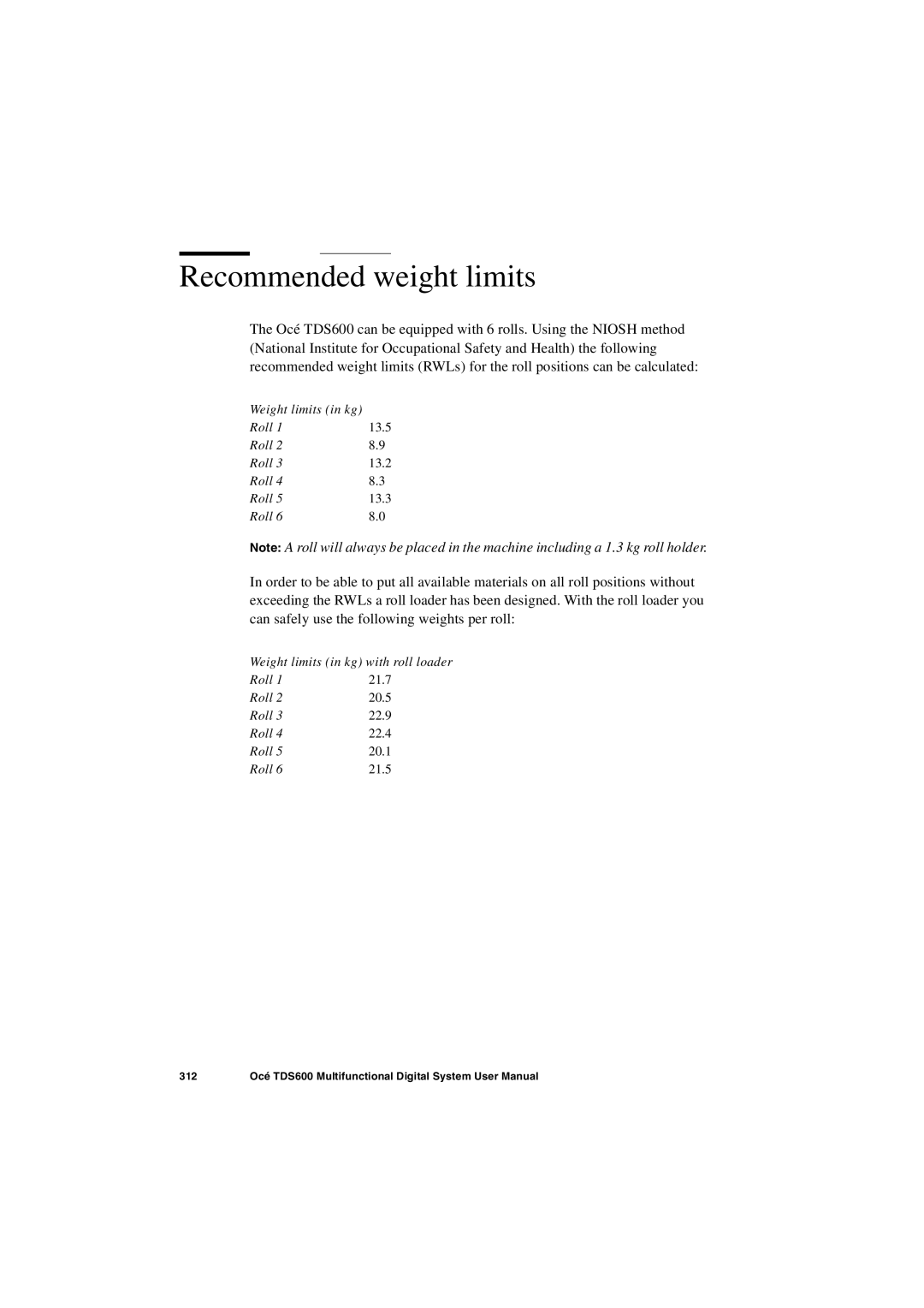 Oce North America TDS600 user manual Recommended weight limits 