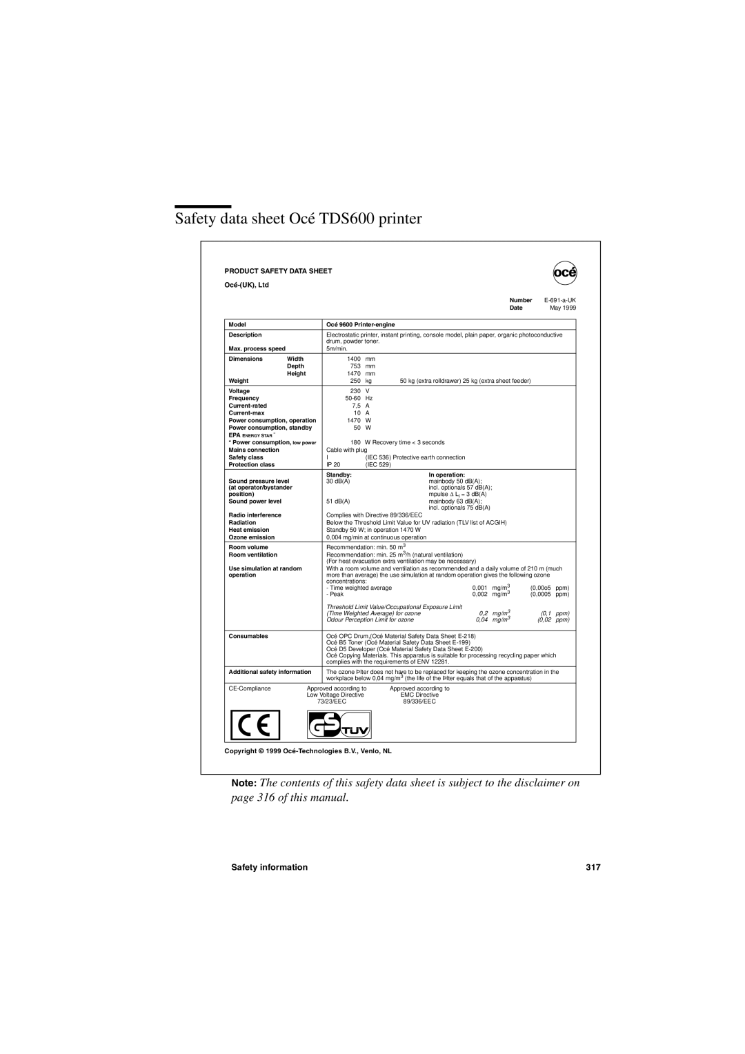 Oce North America user manual Safety data sheet Océ TDS600 printer, Product Safety Data Sheet 