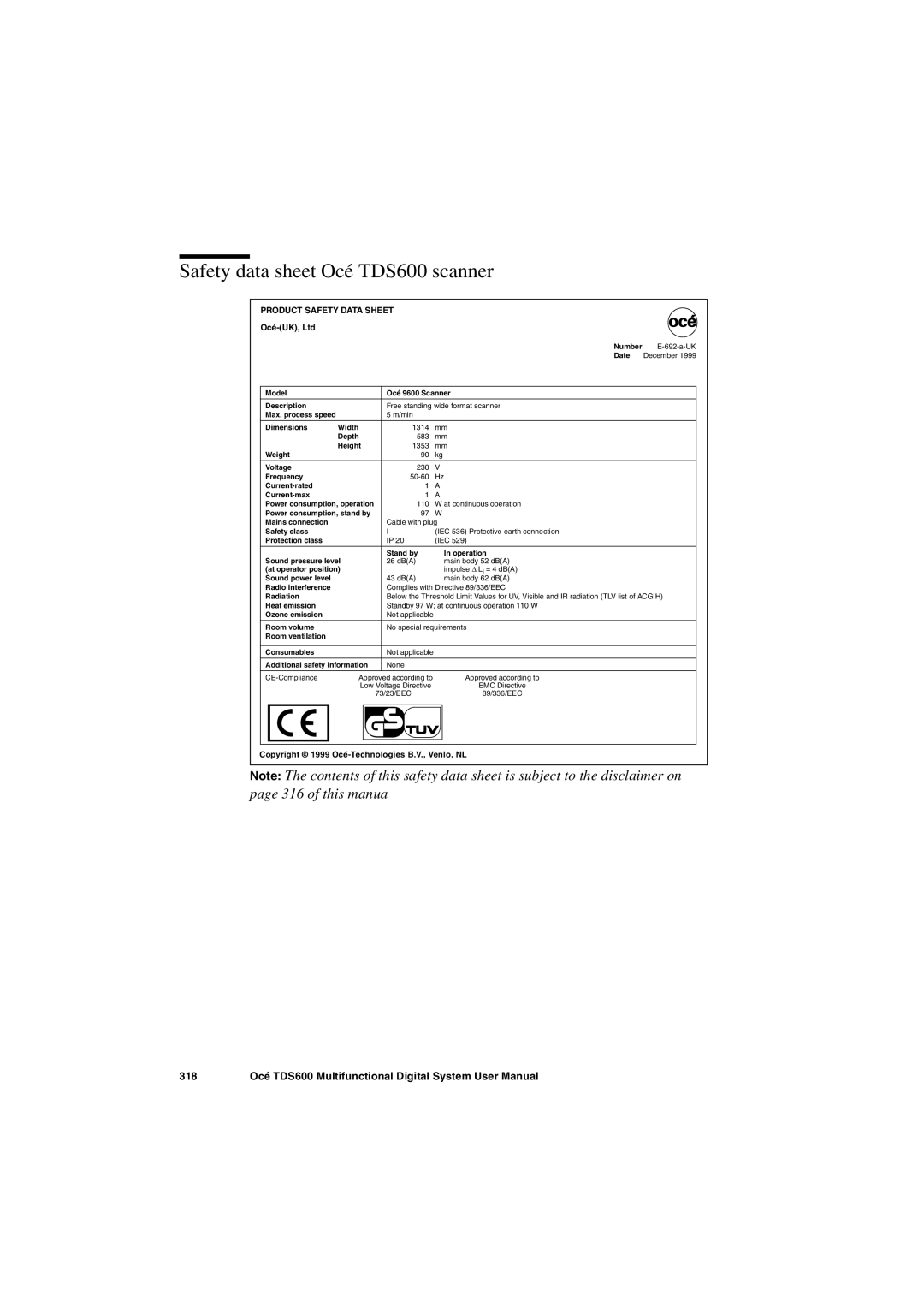 Oce North America user manual Safety data sheet Océ TDS600 scanner 