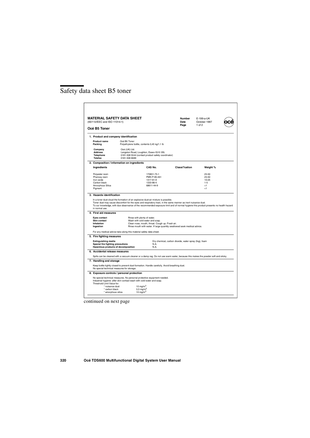 Oce North America TDS600 user manual Safety data sheet B5 toner, Material Safety Data Sheet 