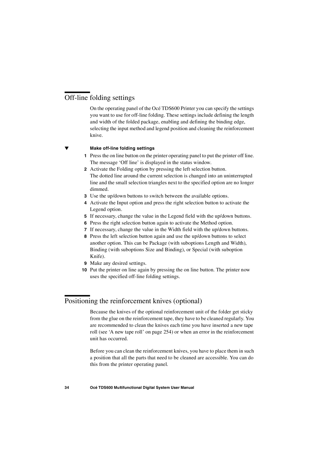 Oce North America TDS600 user manual Off-line folding settings, Positioning the reinforcement knives optional 