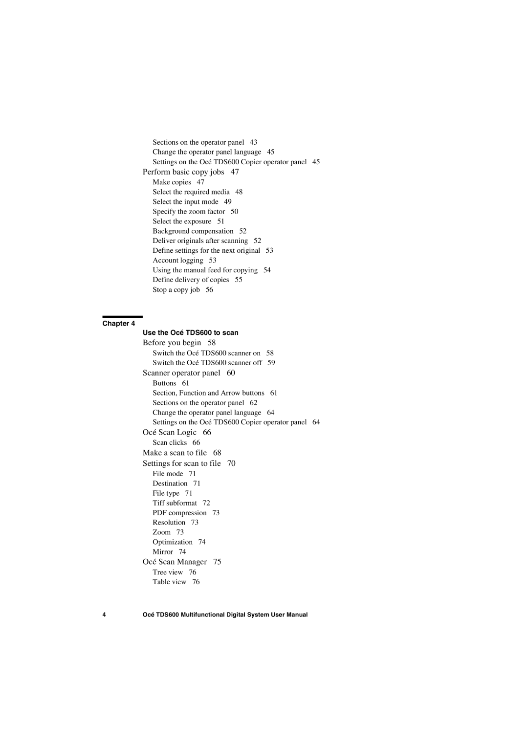 Oce North America user manual Perform basic copy jobs, Chapter Use the Océ TDS600 to scan 