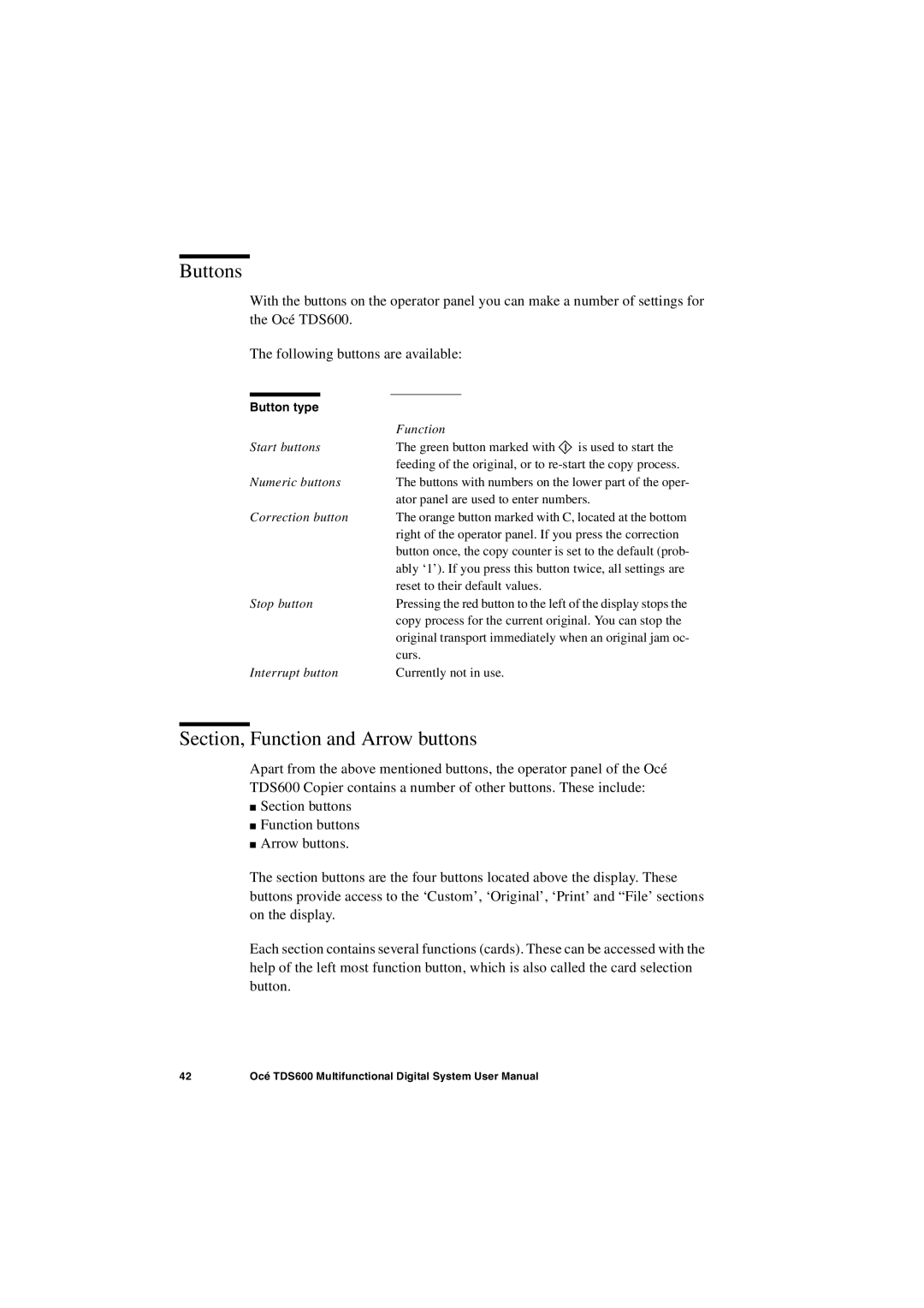 Oce North America TDS600 user manual Section, Function and Arrow buttons, Button type 