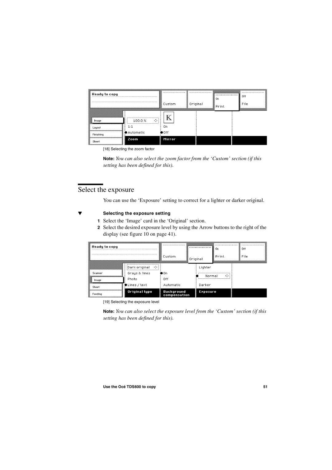 Oce North America TDS600 user manual Select the exposure, Selecting the exposure setting 