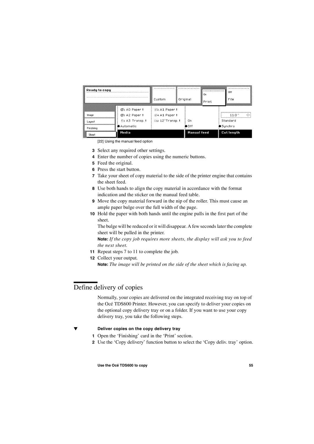 Oce North America TDS600 user manual Define delivery of copies, Deliver copies on the copy delivery tray 