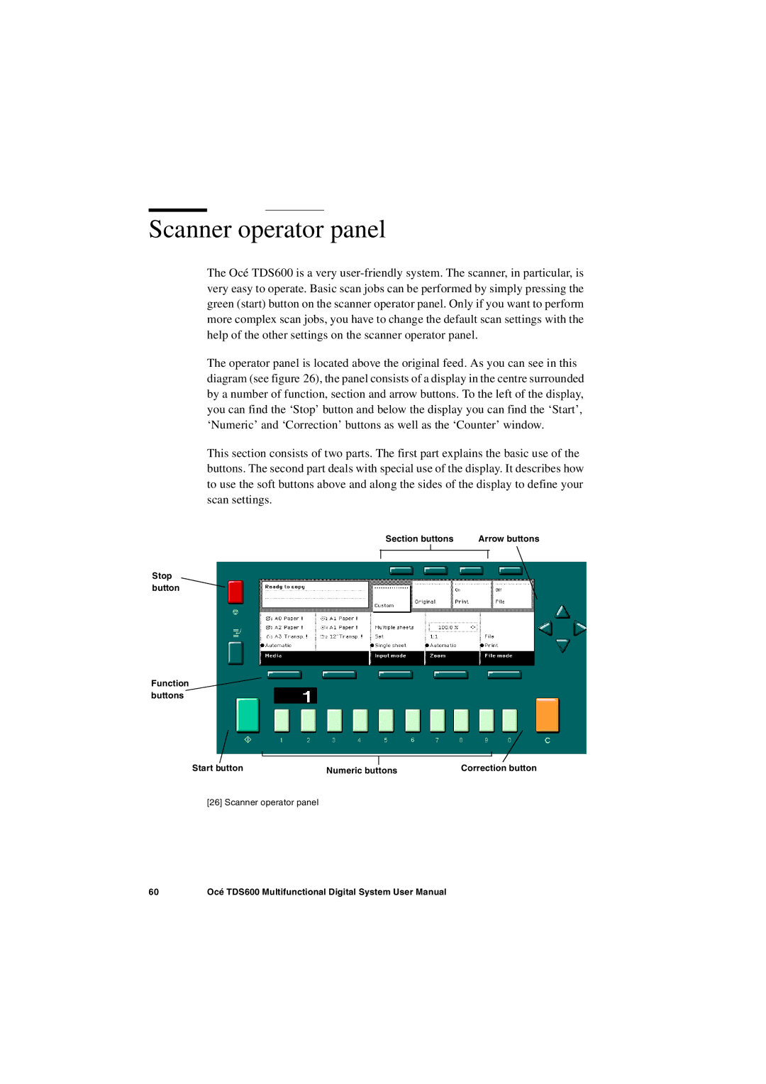 Oce North America TDS600 user manual Scanner operator panel 