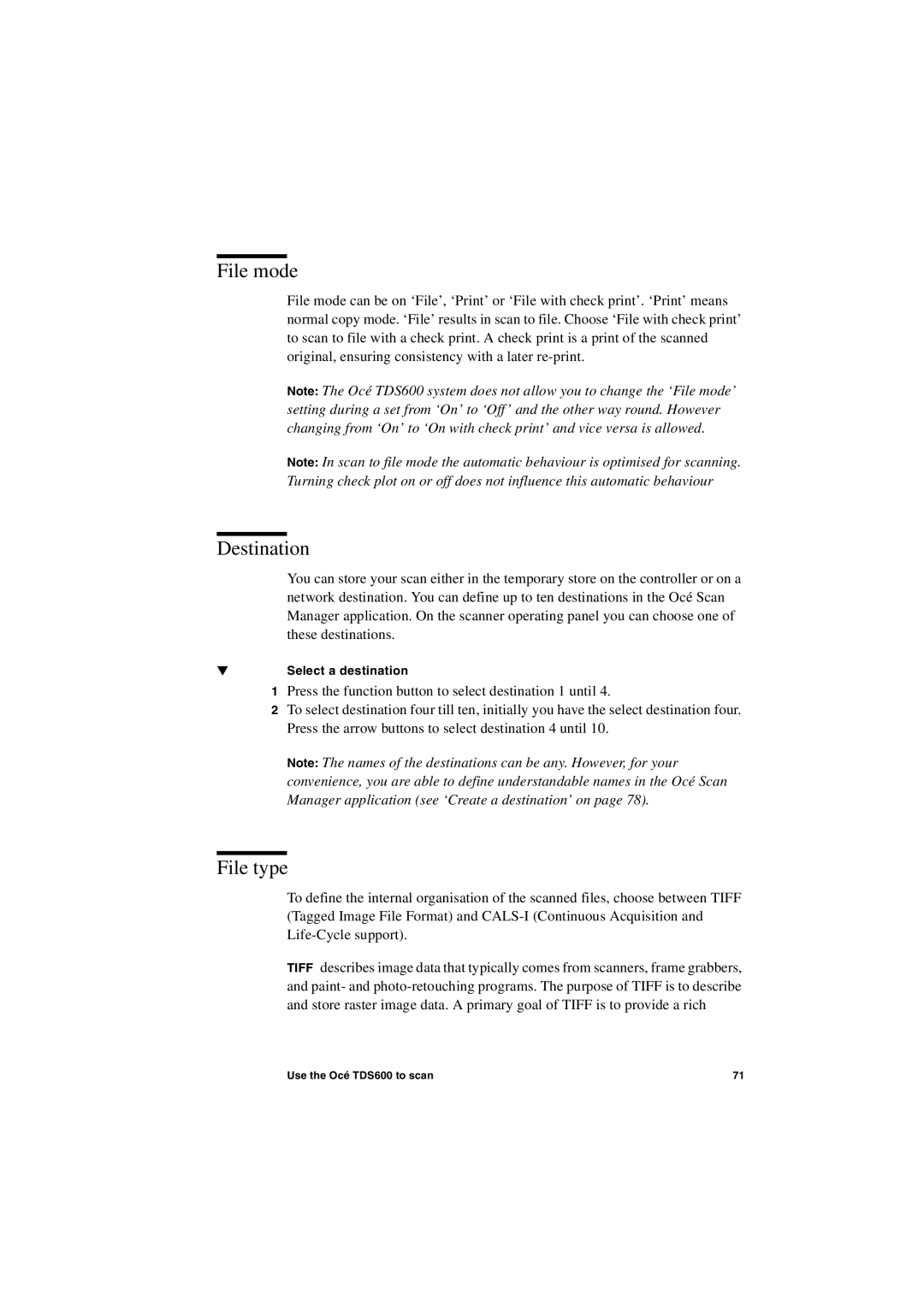 Oce North America TDS600 user manual File mode, Destination, File type, Select a destination 