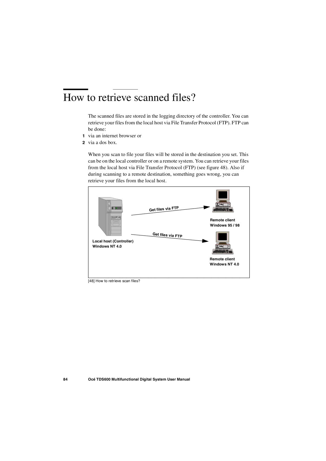 Oce North America TDS600 user manual How to retrieve scanned files?, Get files via FTP 