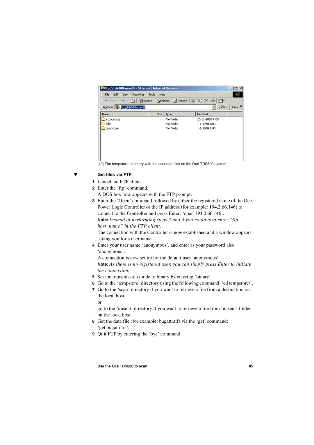 Oce North America TDS600 user manual Get files via FTP 