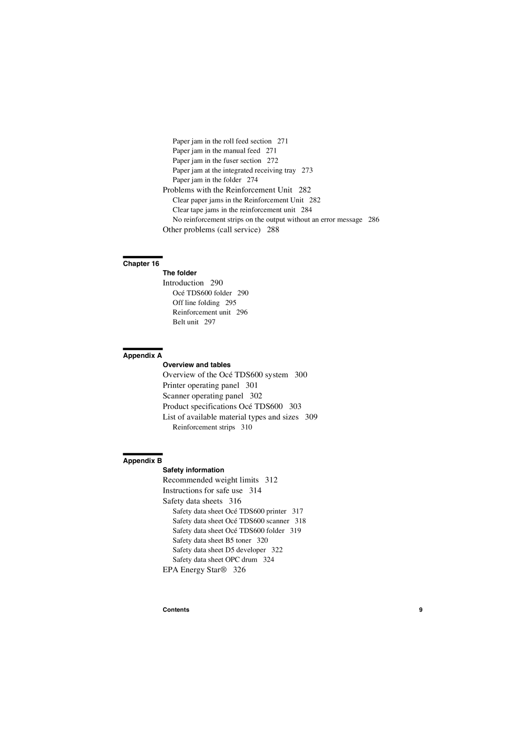 Oce North America TDS600 user manual Chapter Folder, Appendix a Overview and tables, Appendix B 