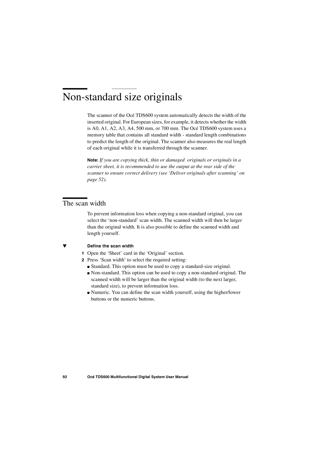 Oce North America TDS600 user manual Non-standard size originals, Scan width, Define the scan width 