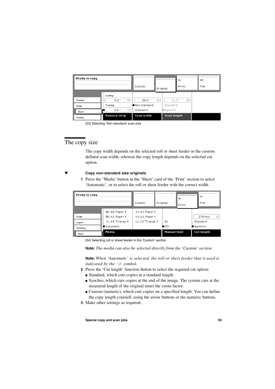 Oce North America TDS600 user manual Copy size, Copy non-standard size originals 