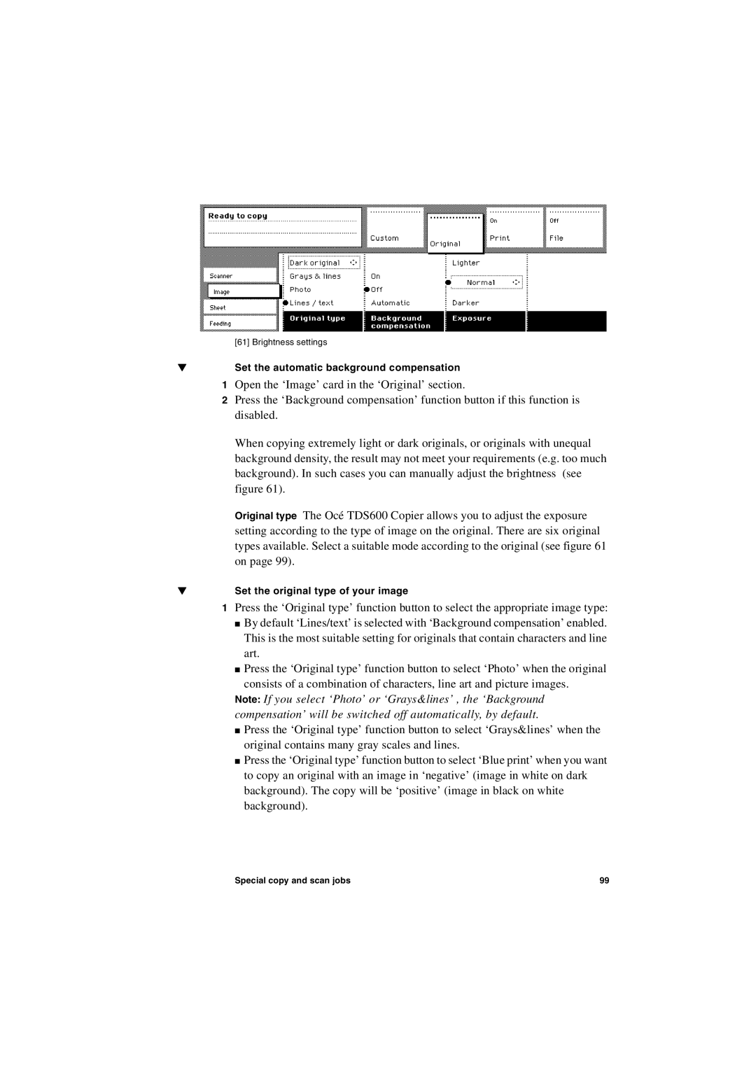 Oce North America TDS600 user manual Set the automatic background compensation, Set the original type of your image 