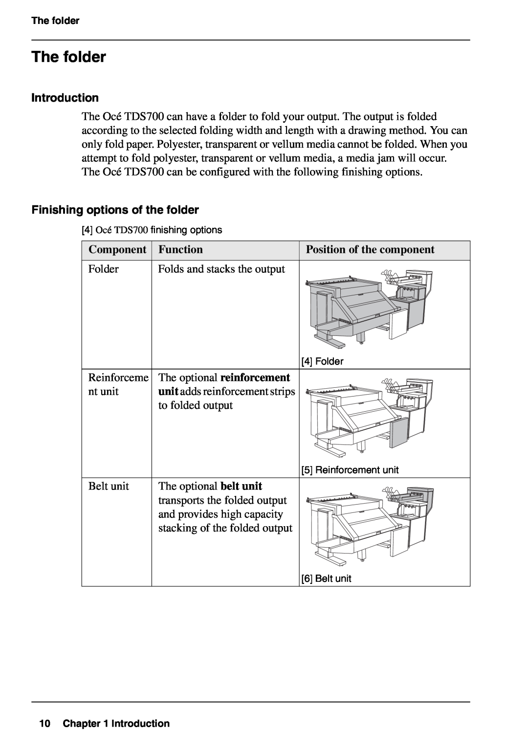 Oce North America TDS700 user manual The folder, Finishing options of the folder, Function, Introduction, Component 