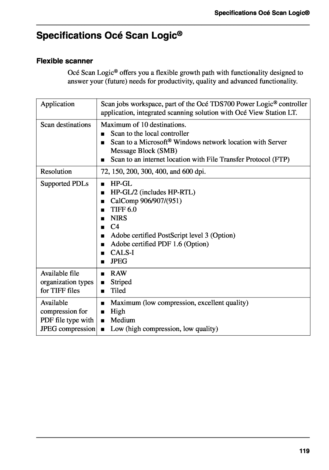 Oce North America TDS700 user manual Specifications Océ Scan Logic, Flexible scanner 