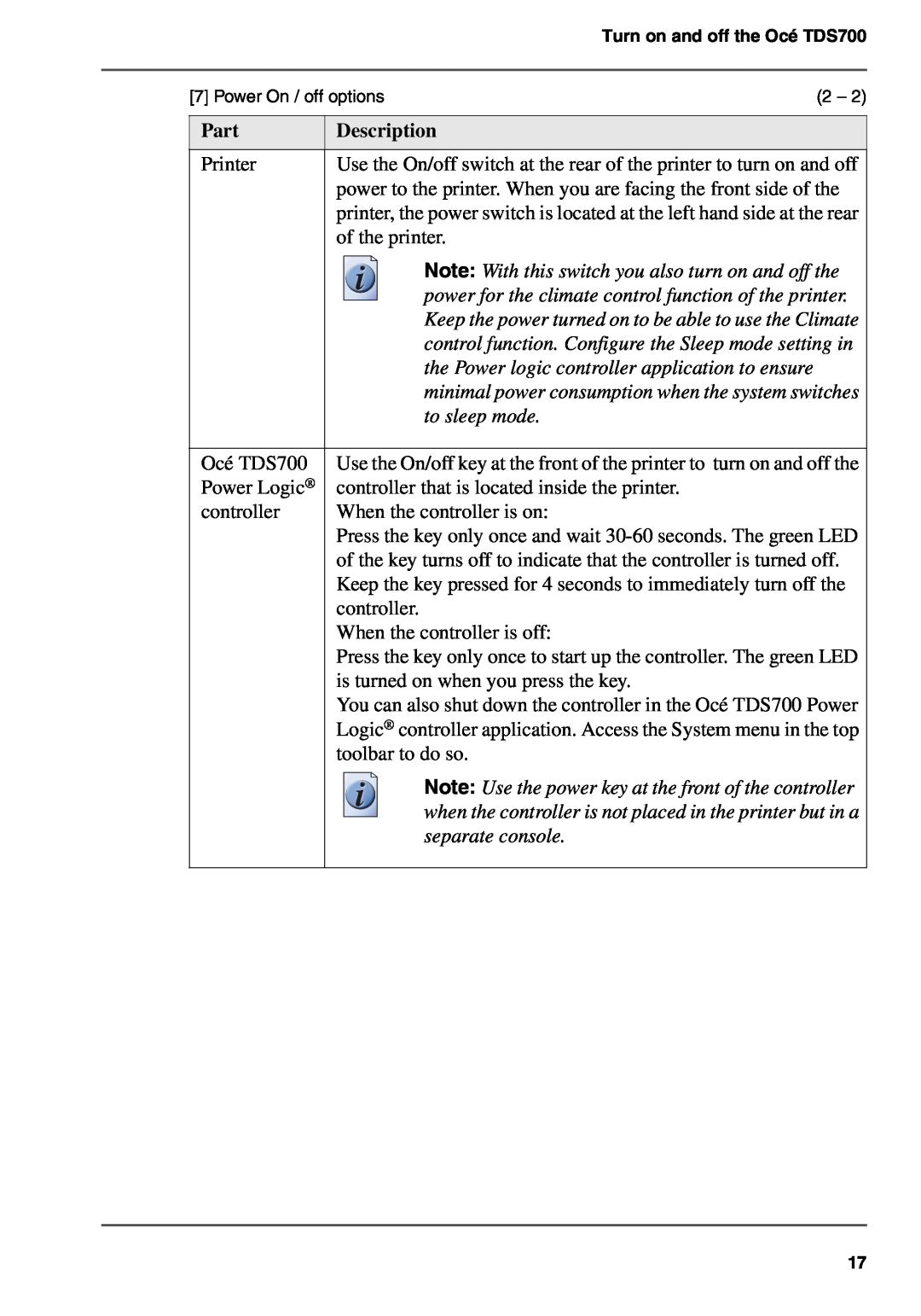 Oce North America TDS700 Note With this switch you also turn on and off the, to sleep mode, separate console, Part 